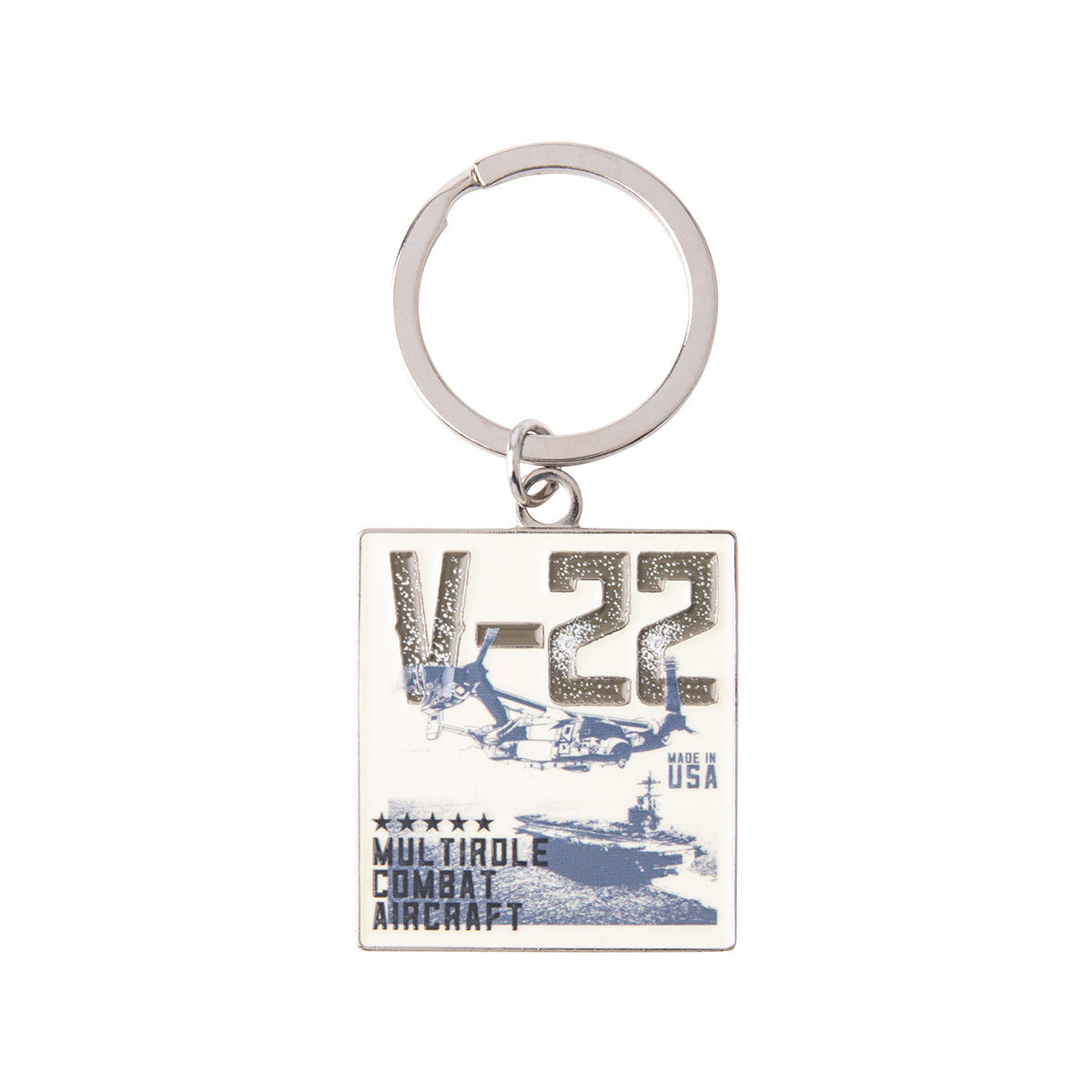 Square metal Boeing V-22 Osprey Graphic Keychain for aviation enthusiasts depicting a V-22 Osprey aircraft and a naval ship, with the text V-22, Made in USA, and Multirole Combat Aircraft.