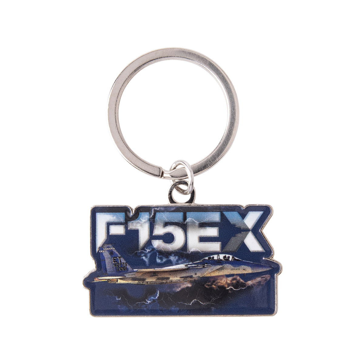 Boeing F-15EX Eagle II Graphic Keychain featuring a metal illustration of the fighter jet flying over a stormy sky.