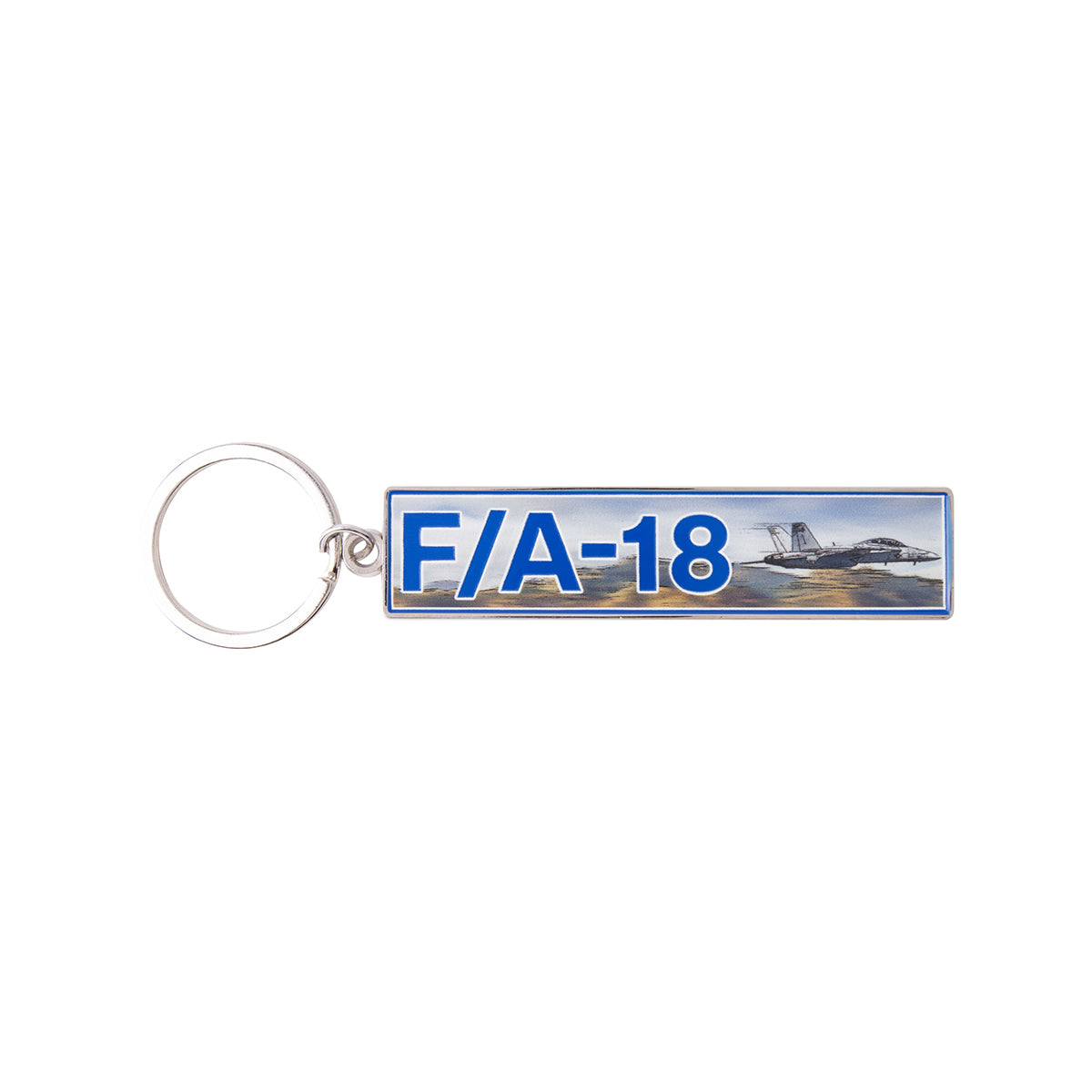 Rectangular Boeing F/A-18 Super Hornet Graphic Keychain featuring the text F/A-18 and an illustration of an F/A-18 Super Hornet fighter jet.