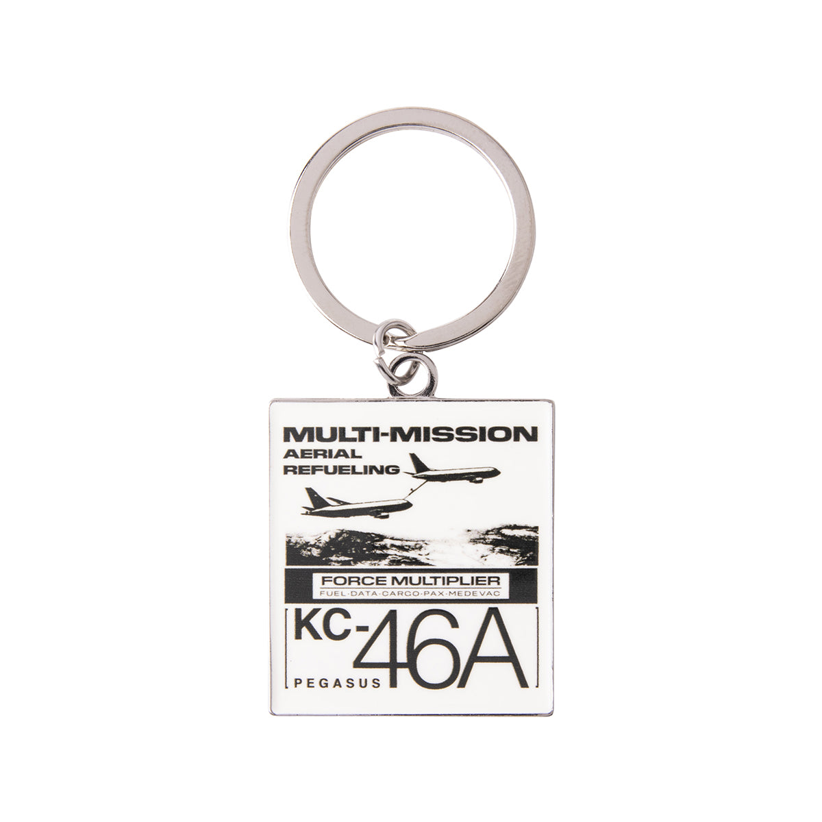 Square Boeing KC-46A Pegasus Graphic Keychain for aviation enthusiasts, featuring an illustration of an aerial refueling maneuver, the text MULTI-MISSION AERIAL REFUELING, and the model designation KC-46A PEGASUS.