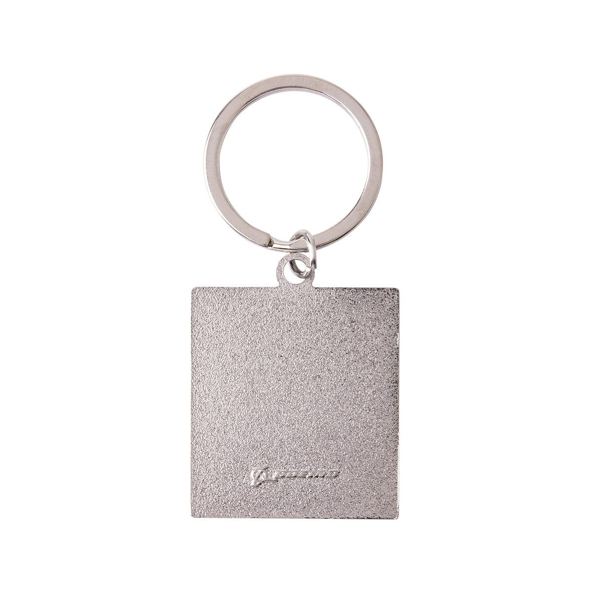 Rectangular silver-colored metal Boeing KC-46A Pegasus Graphic Keychain with a circular split ring.