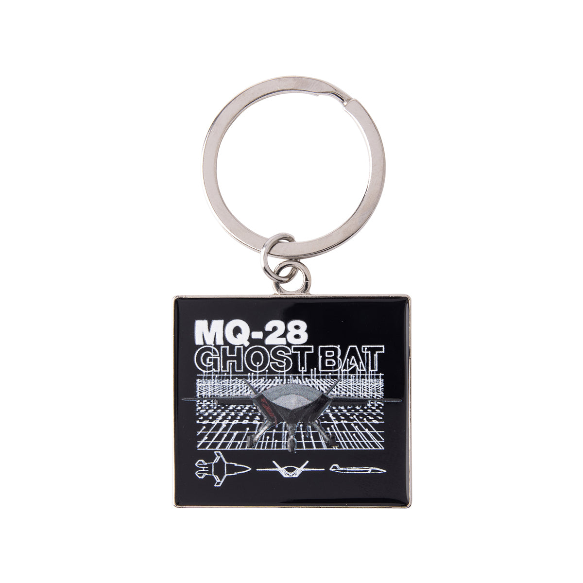 Square Boeing MQ-28 Ghost Bat Graphic Keychain featuring text above a wireframe illustration of the unmanned flight vehicle and line drawings of the plane from different angles.