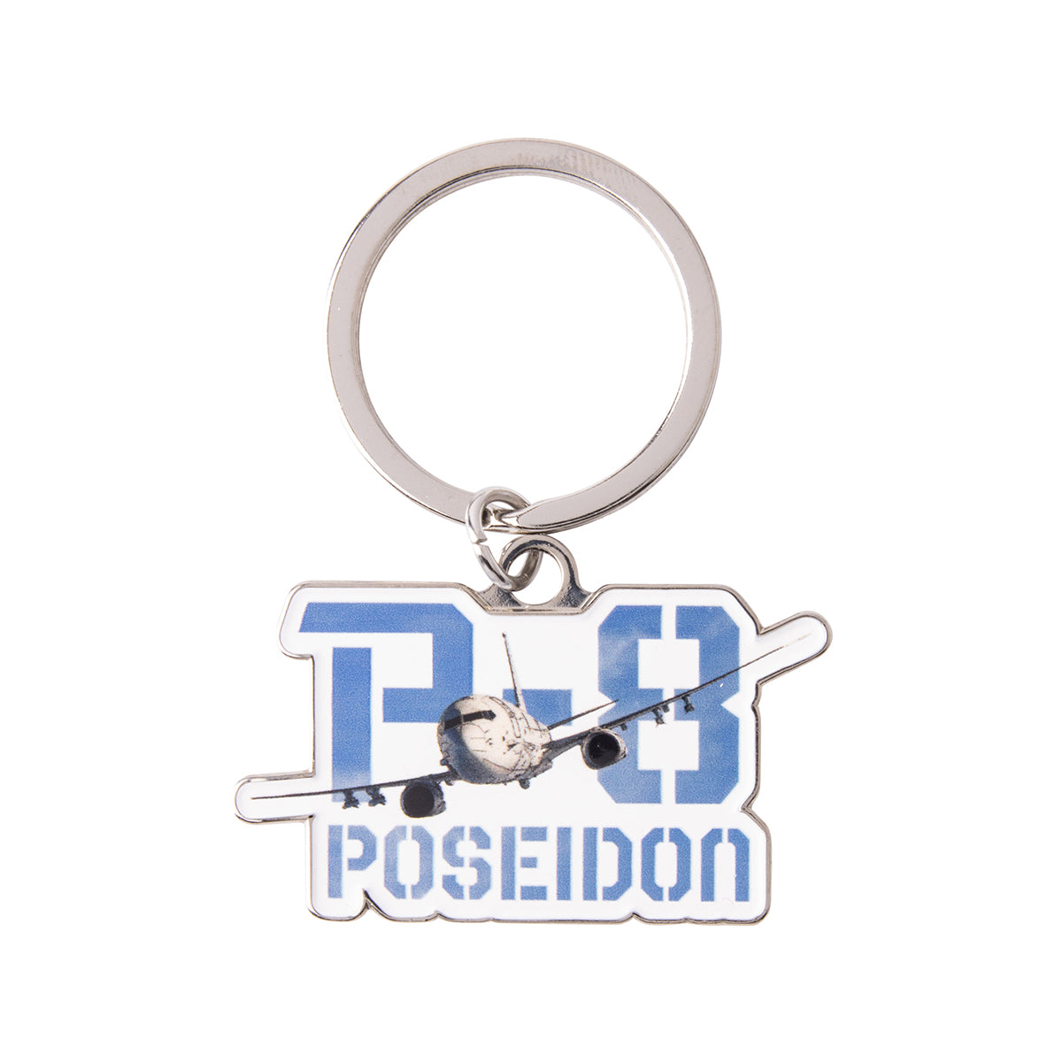 Boeing P-8A Poseidon Graphic Keychain featuring an image of the aircraft overlapping large blue text that reads P-8 and POSEIDON.