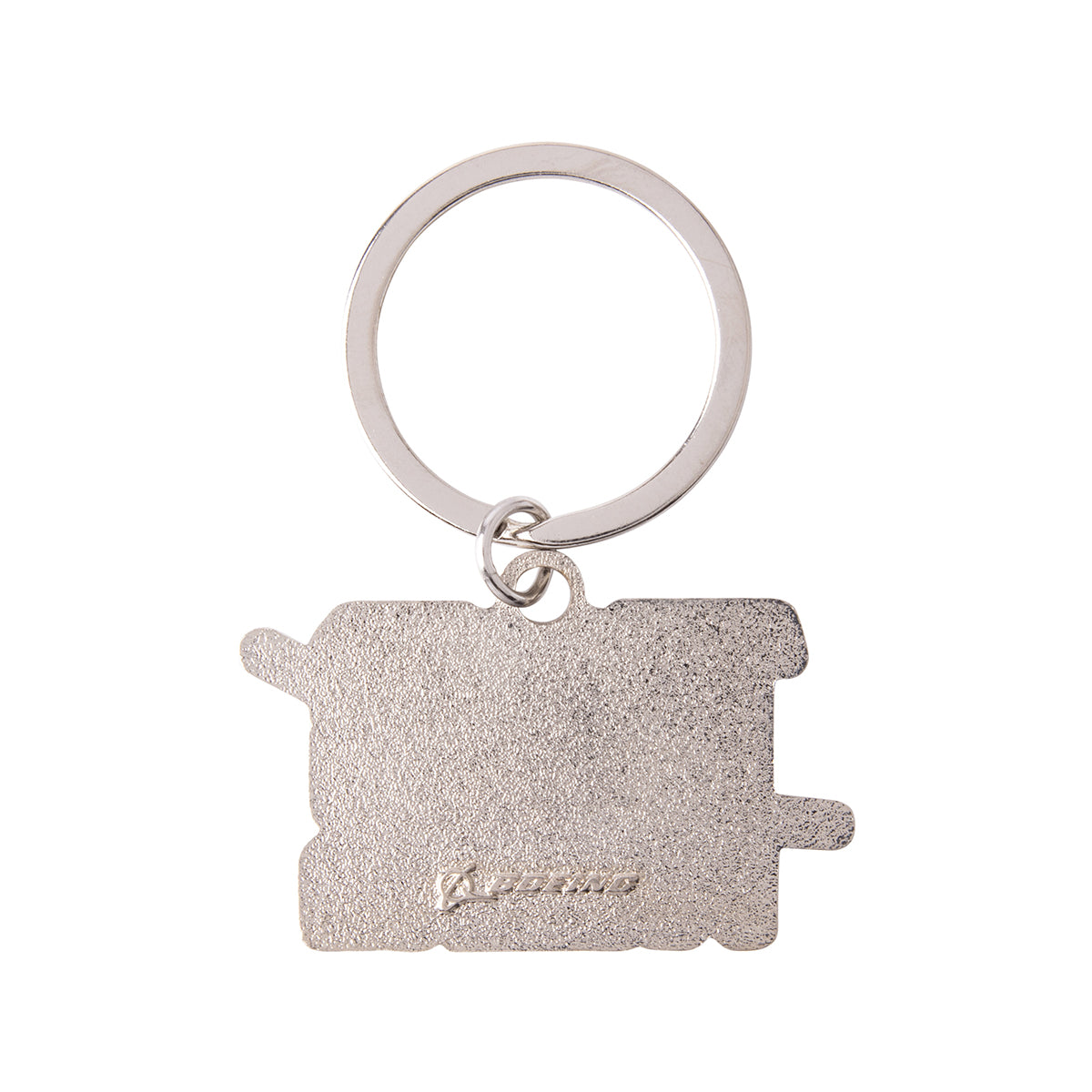 Rectangular silver-toned Boeing P-8A Poseidon Graphic Keychain with a split ring, showing a plain back with a small embossed logo.