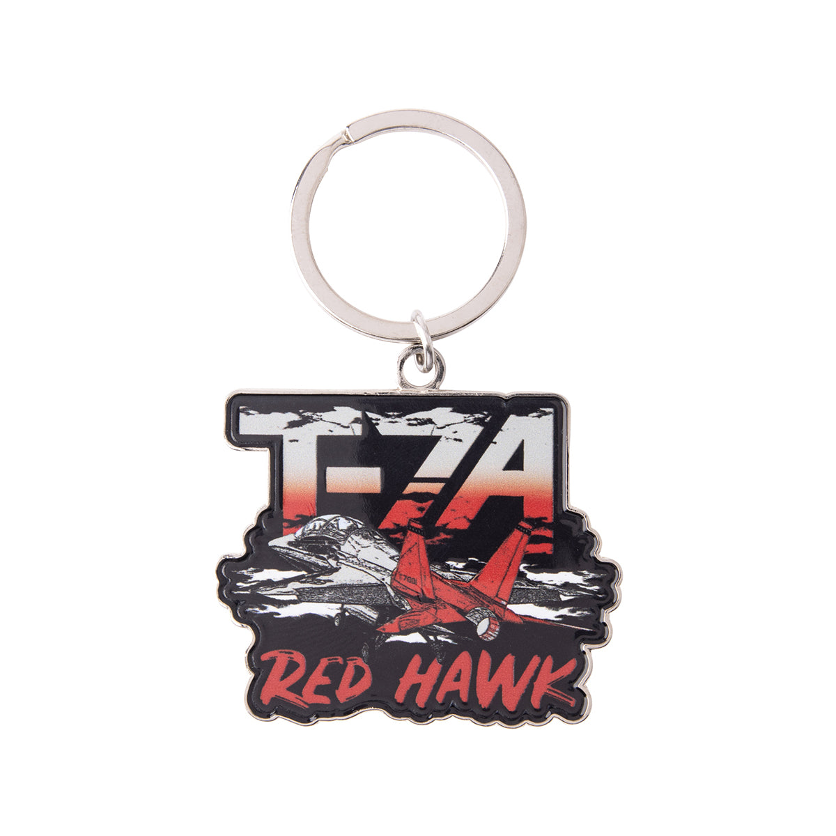Boeing T-7A Red Hawk Graphic Keychain featuring a metal jet flying over the text T-7A and RED HAWK.