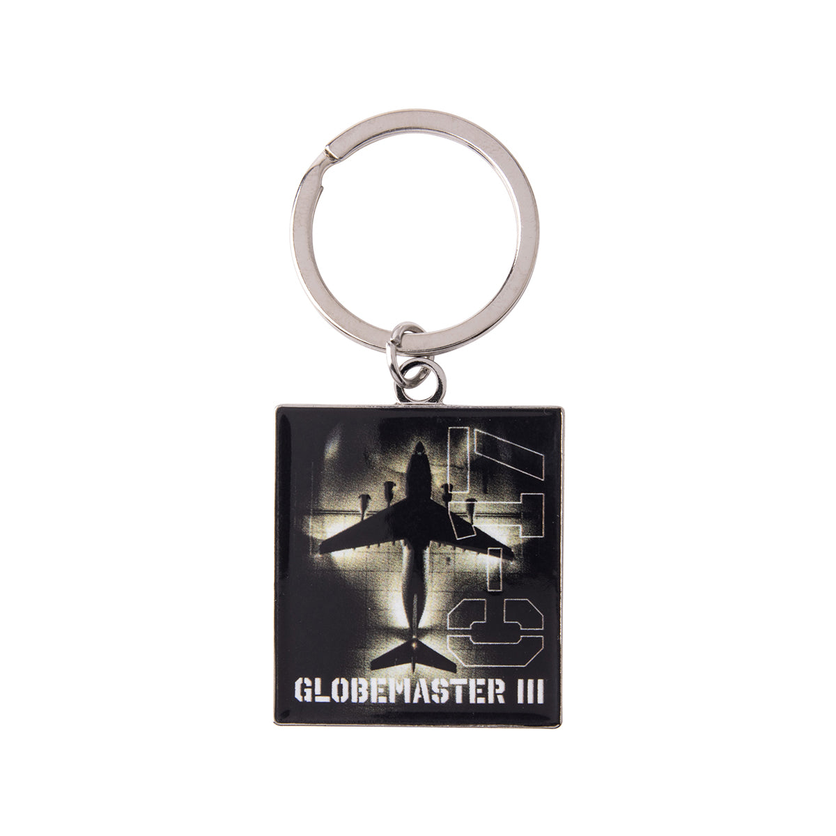 Square metal Boeing C-17 Globemaster III Graphic Keychain featuring a silhouette of a C-17 Globemaster III cargo plane with the text GLOBEMASTER III at the bottom.