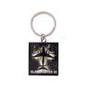 Square metal Boeing C-17 Globemaster III Graphic Keychain featuring a silhouette of a C-17 Globemaster III cargo plane with the text GLOBEMASTER III at the bottom.