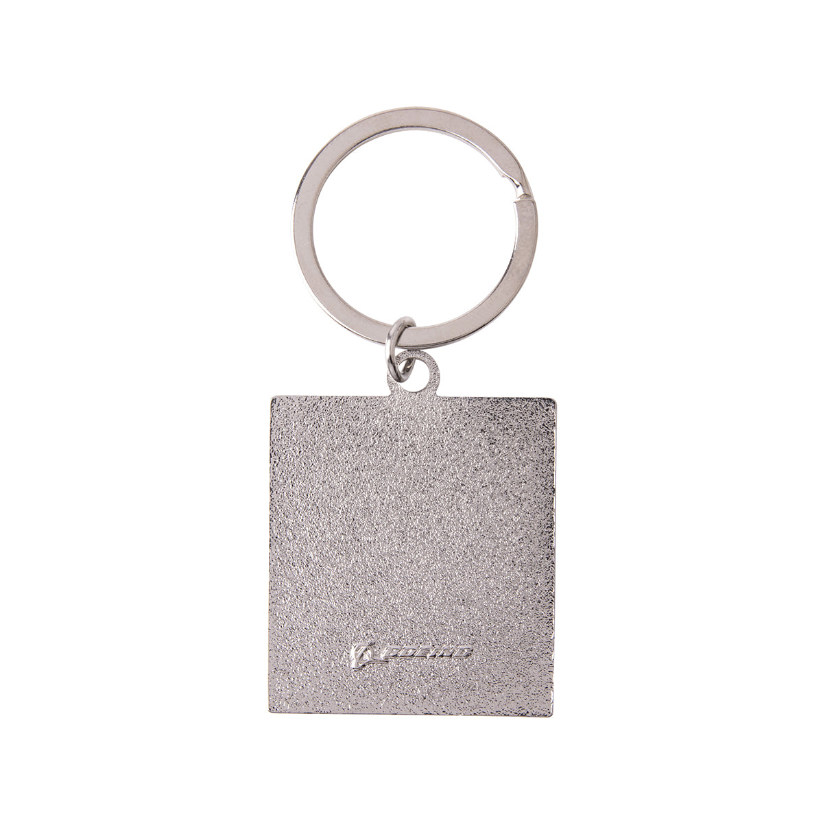 Silver-toned rectangular Boeing C-17 Globemaster III Graphic Keychain with a split ring and a textured finish.
