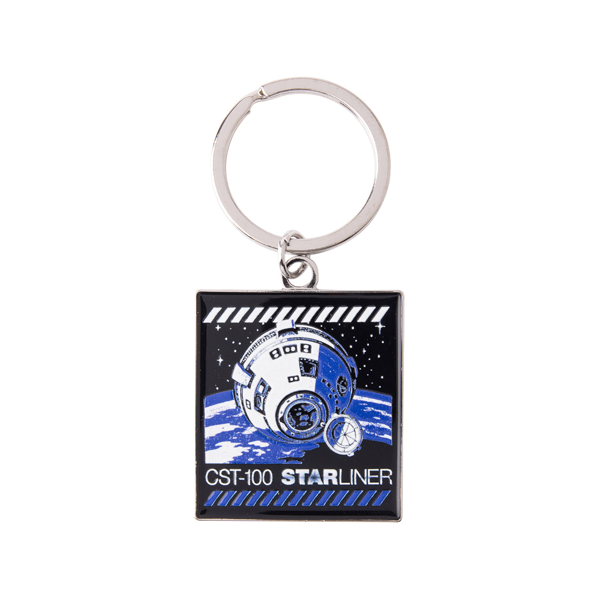Square Boeing CST-100 Starliner Graphic Keychain depicting the spacecraft in orbit above Earth, with the text CST-100 STARLINER at the bottom.
