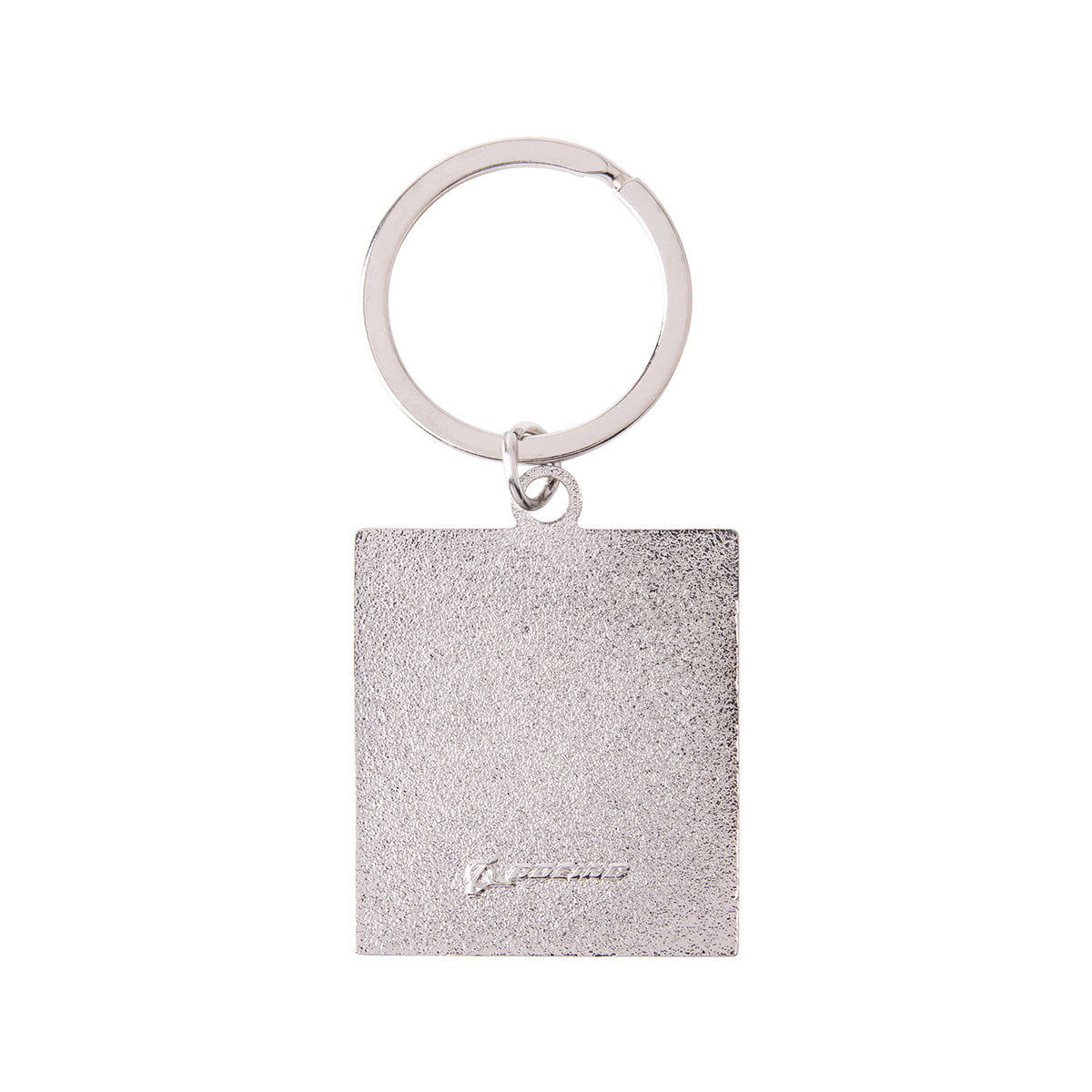 Silver-colored metal Boeing CST-100 Starliner Graphic Keychain featuring a rectangular charm and a split ring, perfect for any space enthusiast.