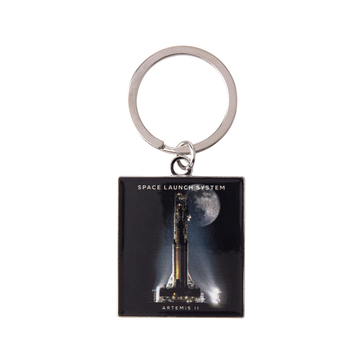 Boeing SLS Artemis II Graphic Keychain featuring a square metal design with a graphic of the SLS Artemis II rocket in front of the moon, with the text Space Launch System and Artemis II printed on the face.