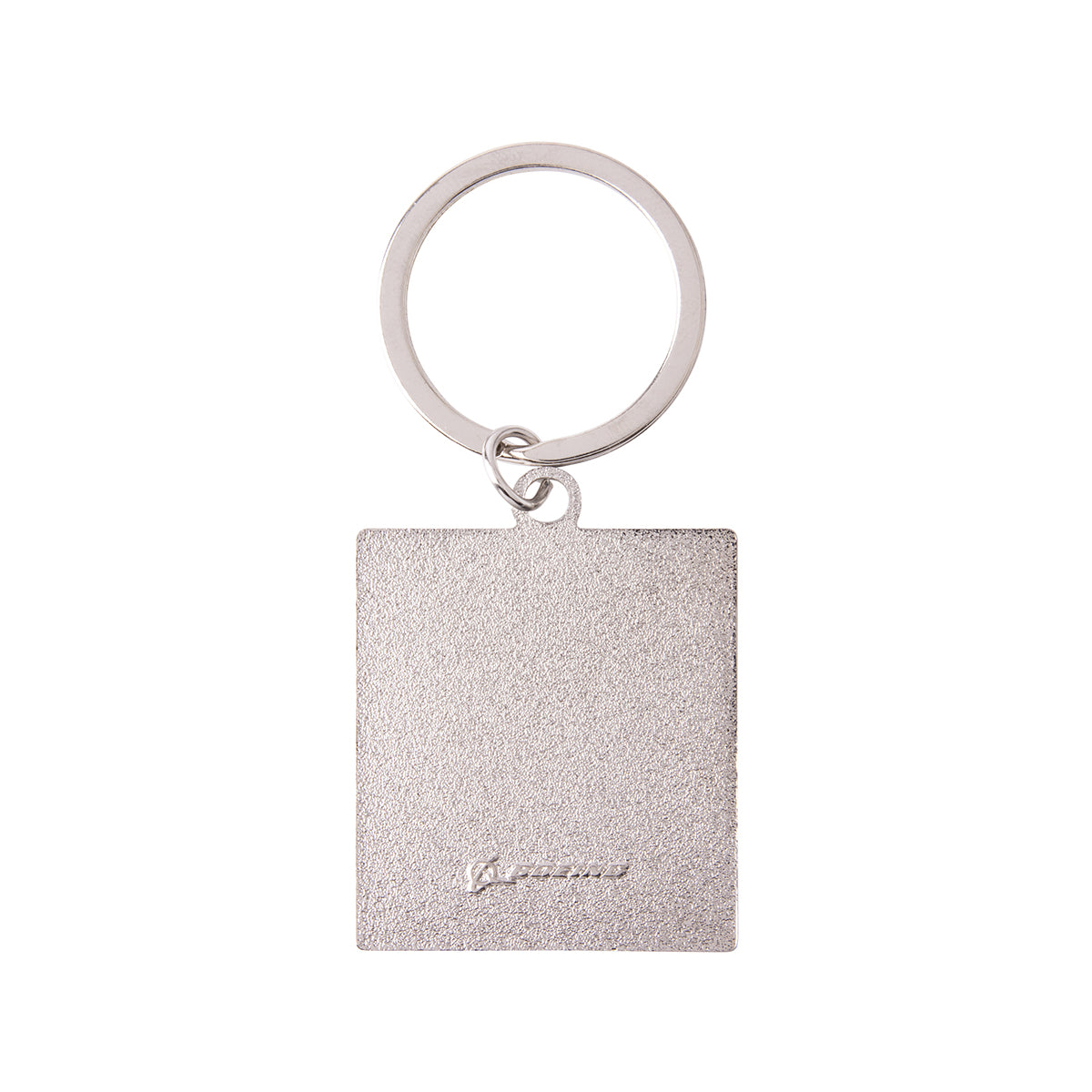Rectangular silver-colored metal Boeing SLS Artemis II Graphic Keychain with a split ring and a small engraved logo at the bottom.