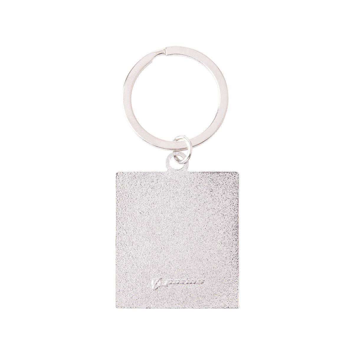 Boeing X-37B Orbital Test Vehicle Graphic Keychain featuring a metal square design with a small embossed logo at the bottom.