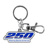 The Boeing America 250 Keychain by BOEING features a blue and white 250 logo with “Boeing Backs America” text, attached to a keyring and silver clasp—ideal for Boeing fans and history enthusiasts.