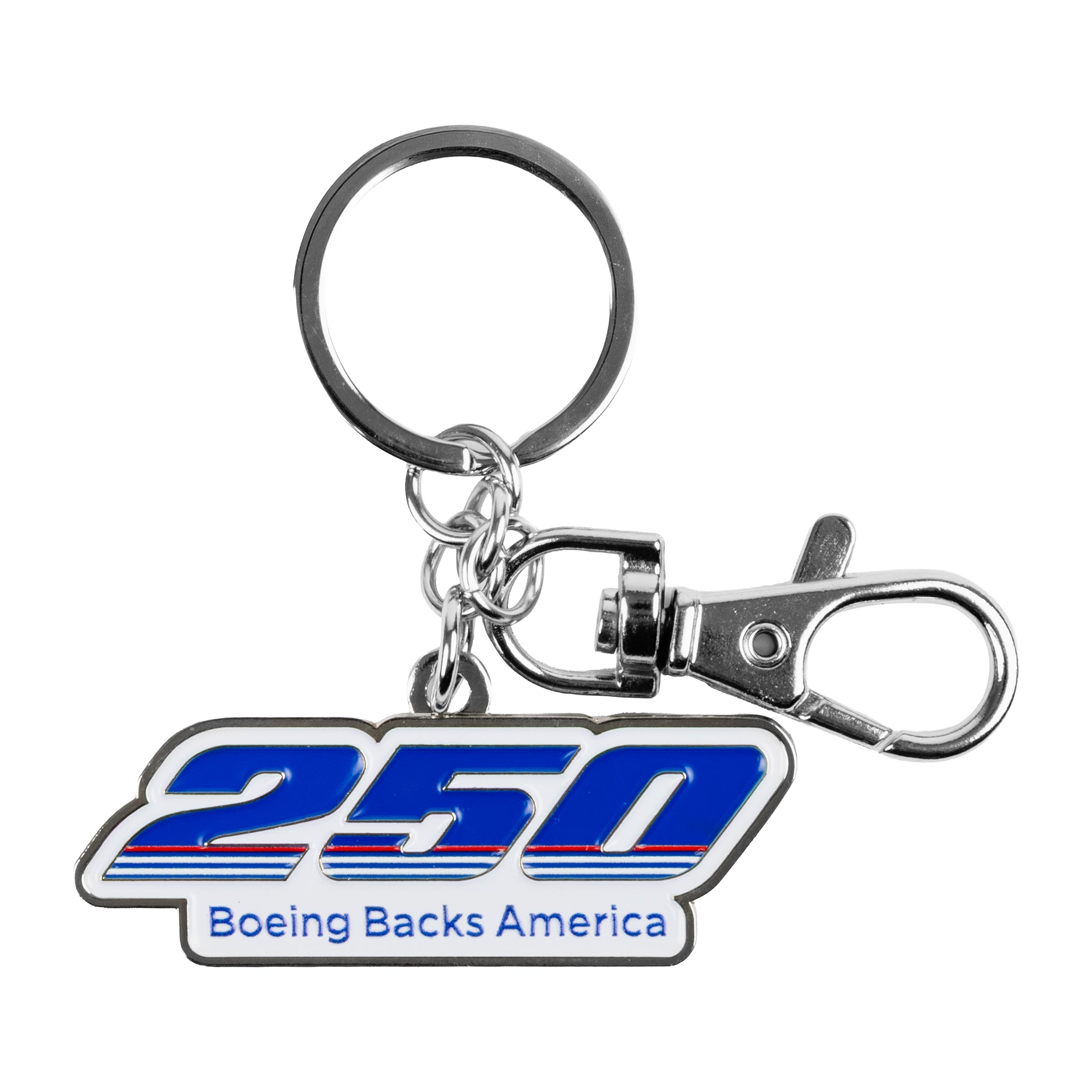 The Boeing America 250 Keychain by BOEING features a blue and white 250 logo with “Boeing Backs America” text, attached to a keyring and silver clasp—ideal for Boeing fans and history enthusiasts.