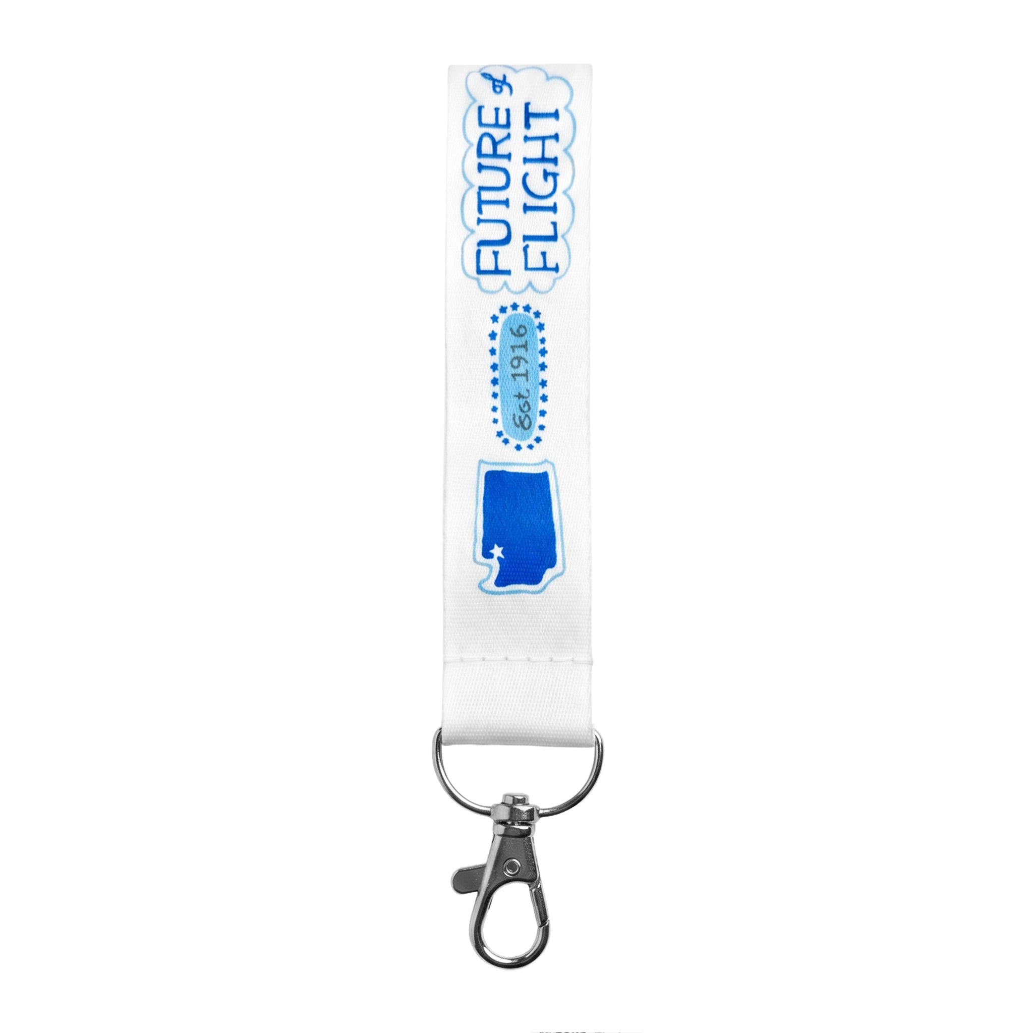 The Boeing Future Of Flight Destination Strap Keychain by BOEING is a white fabric aviation keychain with blue "FUTURE OF FLIGHT" text, Alabama outline with heart, and metal clip—an ideal travel accessory inspired by Julia Gash.