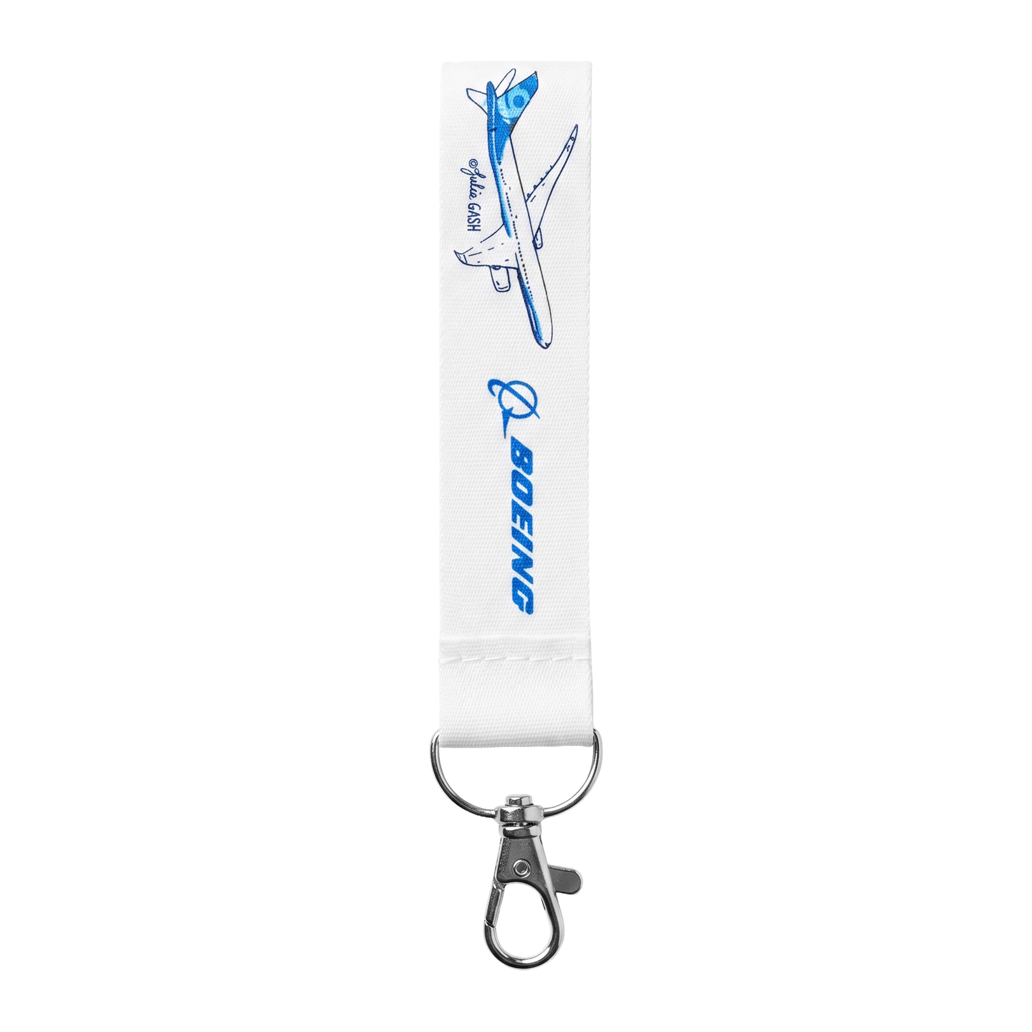 The Boeing Future Of Flight Destination Strap Keychain by BOEING features a white fabric strap, silver clasp, blue and white airplane illustration, and “BOEING” in blue—a stylish accessory for aviation enthusiasts.