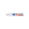Introducing the Boeing South Carolina Strap Keychain by Boeing—a white fabric keychain adorned with the South Carolina flag, a state outline, and “BOEING South Carolina” in bold blue and red lettering. Attached to a silver clasp, this distinctive accessory pays tribute to South Carolina’s role in aerospace manufacturing.
