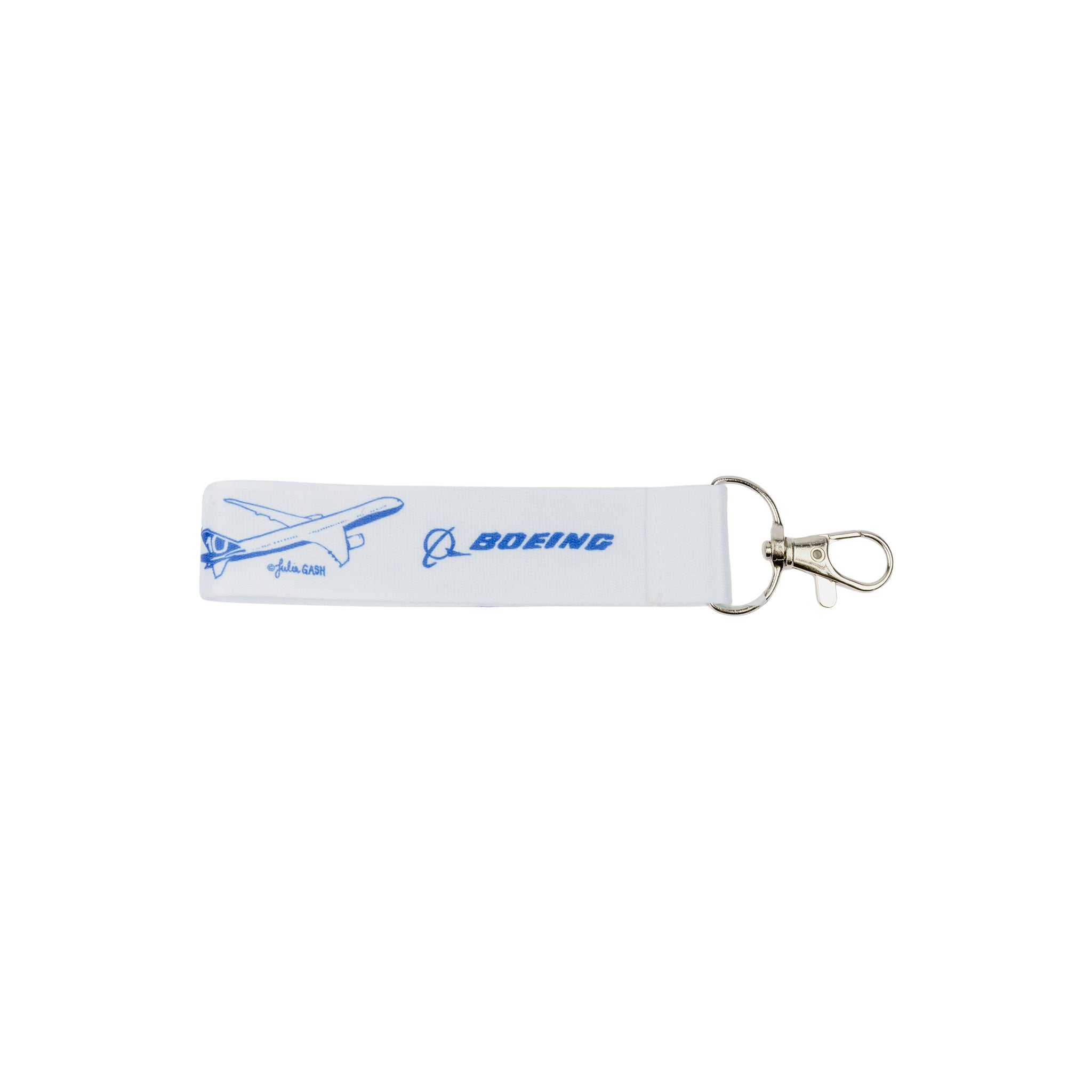 The Boeing South Carolina Strap Keychain by Boeing features white fabric with a blue line drawing of an airplane and the word “BOEING” next to the iconic logo. Finished with a sturdy metal clasp, this aerospace accessory celebrates the excellence of South Carolina’s aviation manufacturing.