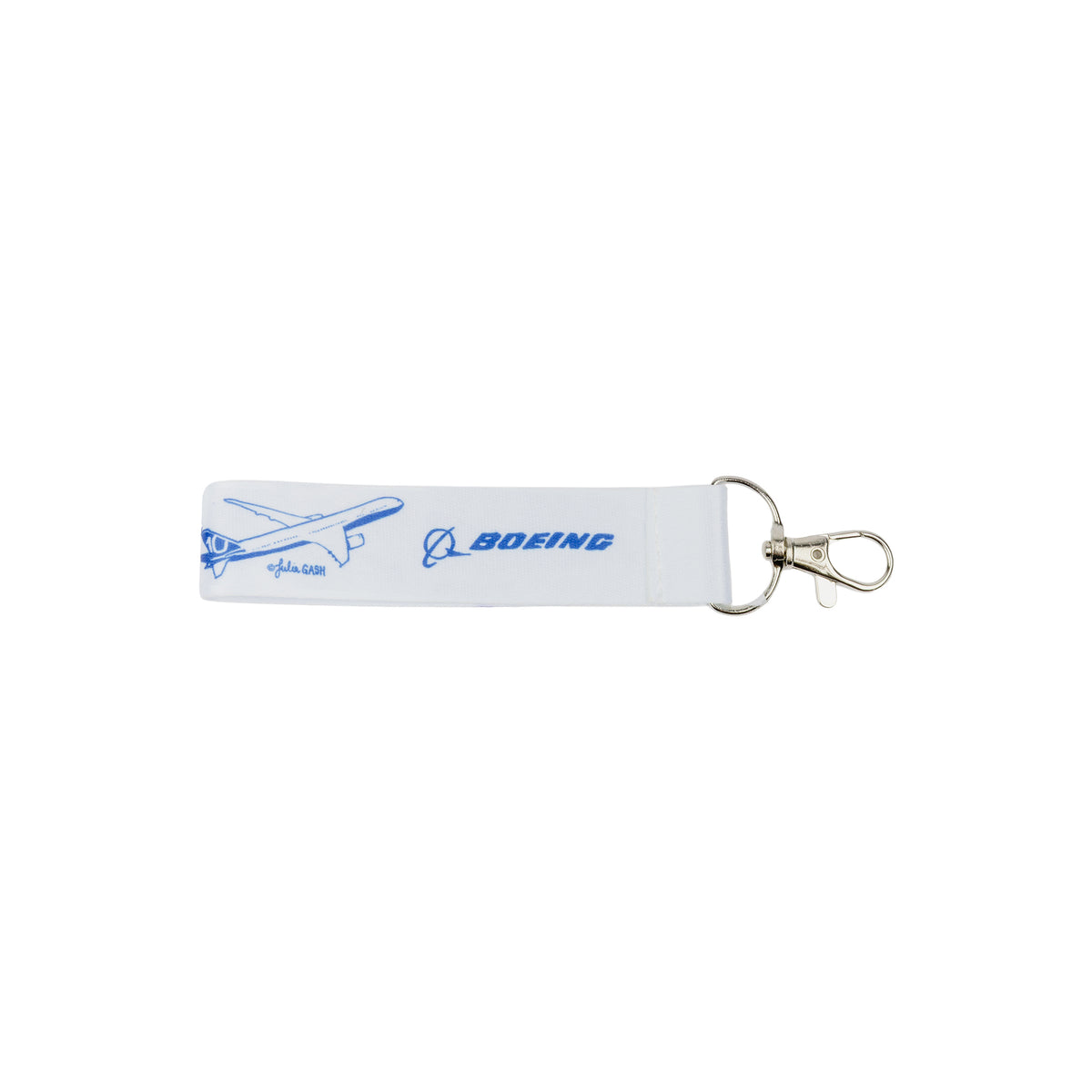 The Boeing South Carolina Strap Keychain by Boeing features white fabric with a blue line drawing of an airplane and the word “BOEING” next to the iconic logo. Finished with a sturdy metal clasp, this aerospace accessory celebrates the excellence of South Carolina’s aviation manufacturing.