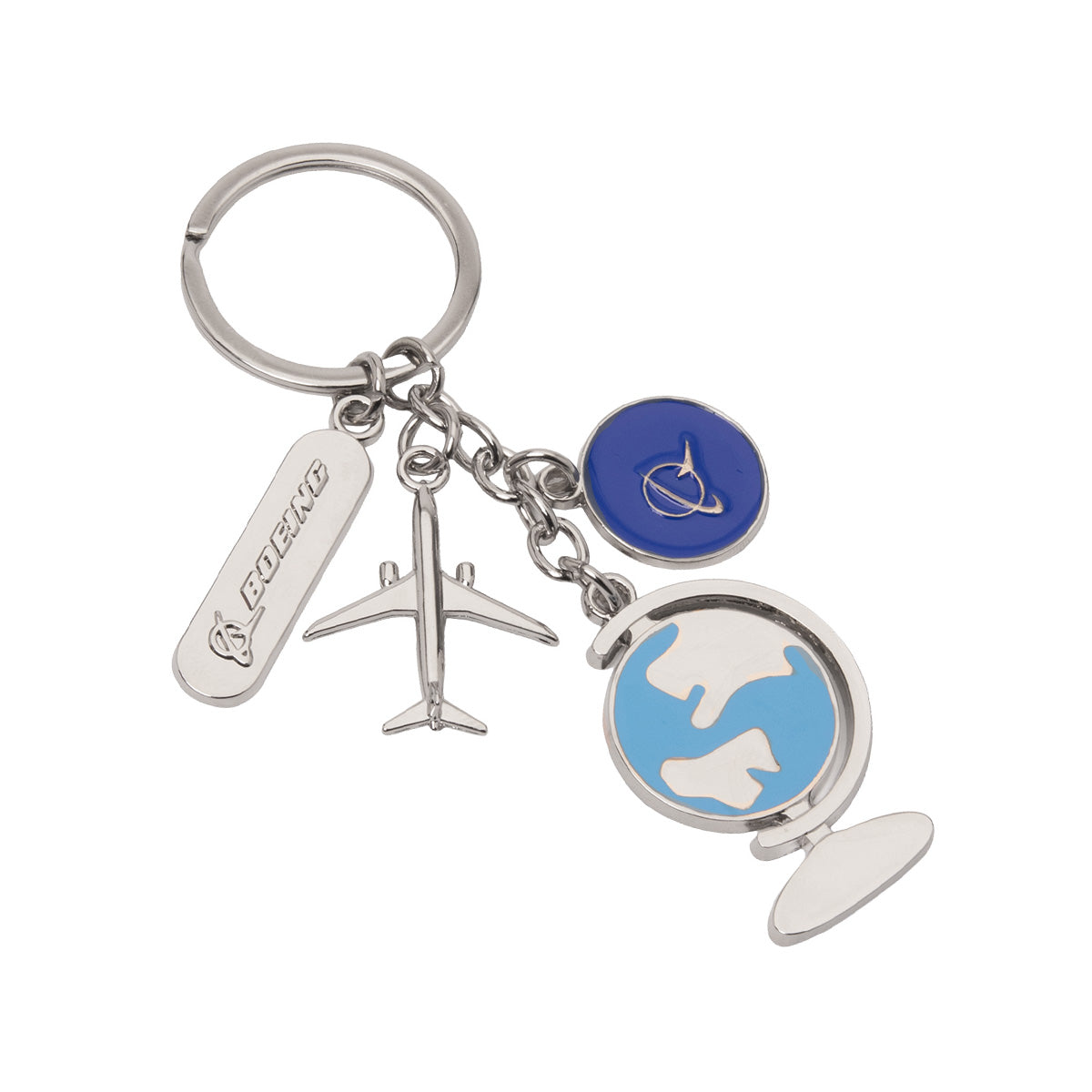 Introducing the Boeing 777X Charm Keychain by BOEING, featuring four distinctive charms: a Boeing logo tag, an airplane, a blue globe, and a blue circle with a white globe outline—an ideal accessory for aviation enthusiasts or admirers of the innovative spirit that defines the 777X aircraft.