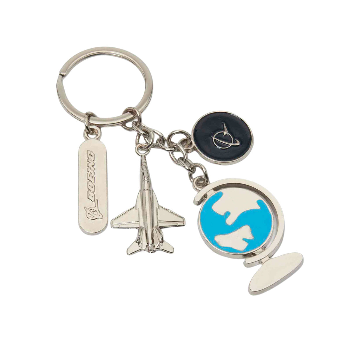 The Boeing T-7A Red Hawk Charm Keychain by BOEING features four unique charms: a Boeing logo tag, a jet, a globe with blue oceans, and a round black charm adorned with a line drawing of a jet. This keychain is ideal for aviation enthusiasts and collectors alike.