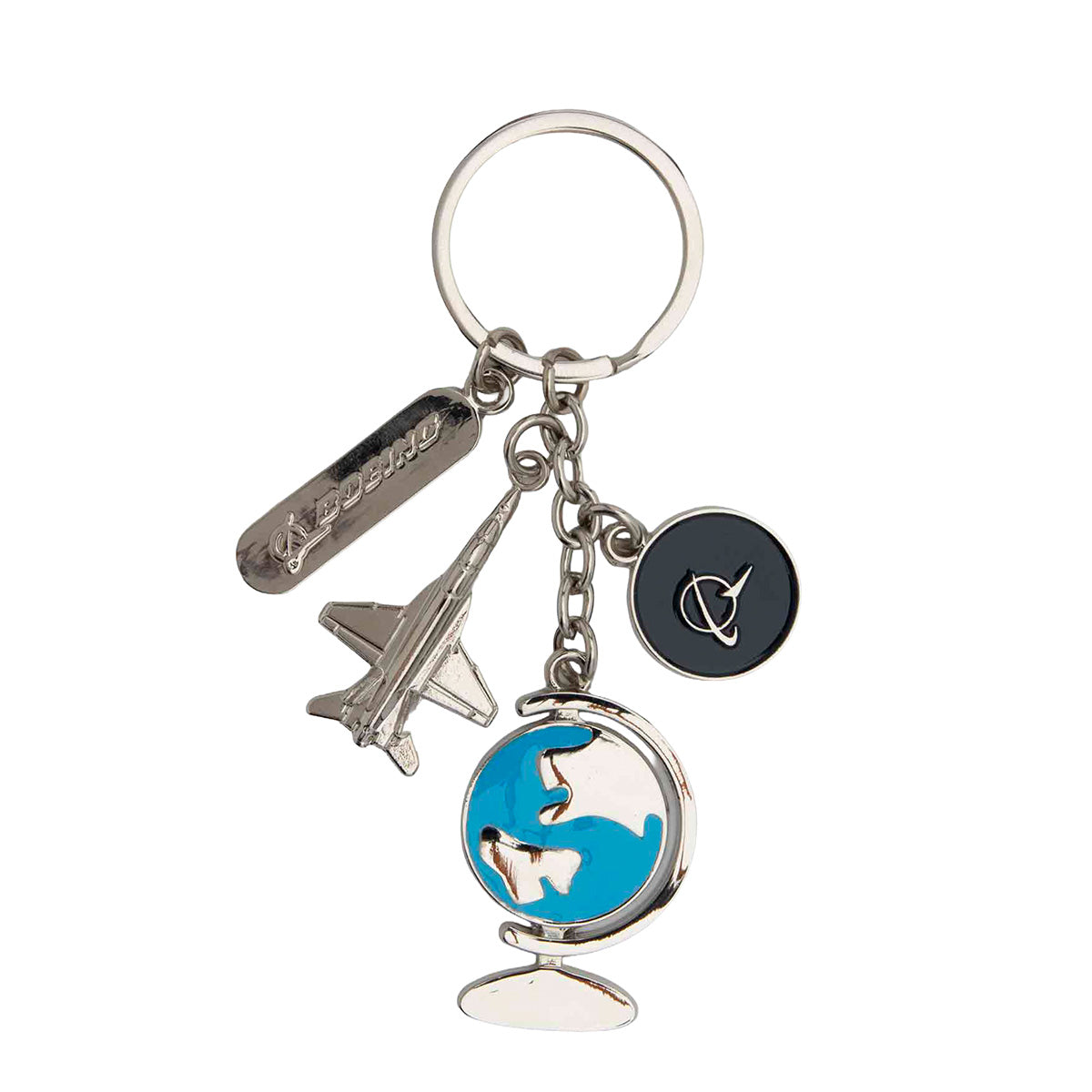 Introducing the Boeing T-7A Red Hawk Charm Keychain by BOEING: This distinctive keychain features four unique charms—a silver airplane, a silver tag, a black circle with a white logo, and a silver-and-blue globe highlighting continents—making it the perfect accessory for aviation enthusiasts and travelers alike.