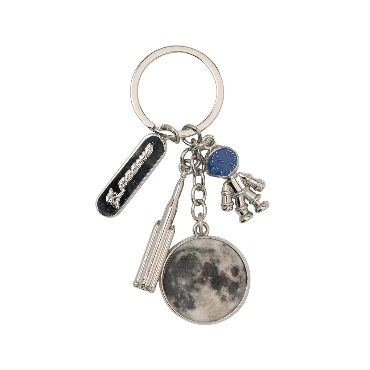 Introducing the Boeing SLS Charm Keychain by BOEING—which features four distinctive charms: a skateboard-shaped tag, a miniature astronaut, a vertical rocket modeled after the Space Launch System (SLS), and a round charm displaying an image of the moon—making it an ideal accessory for space exploration enthusiasts.