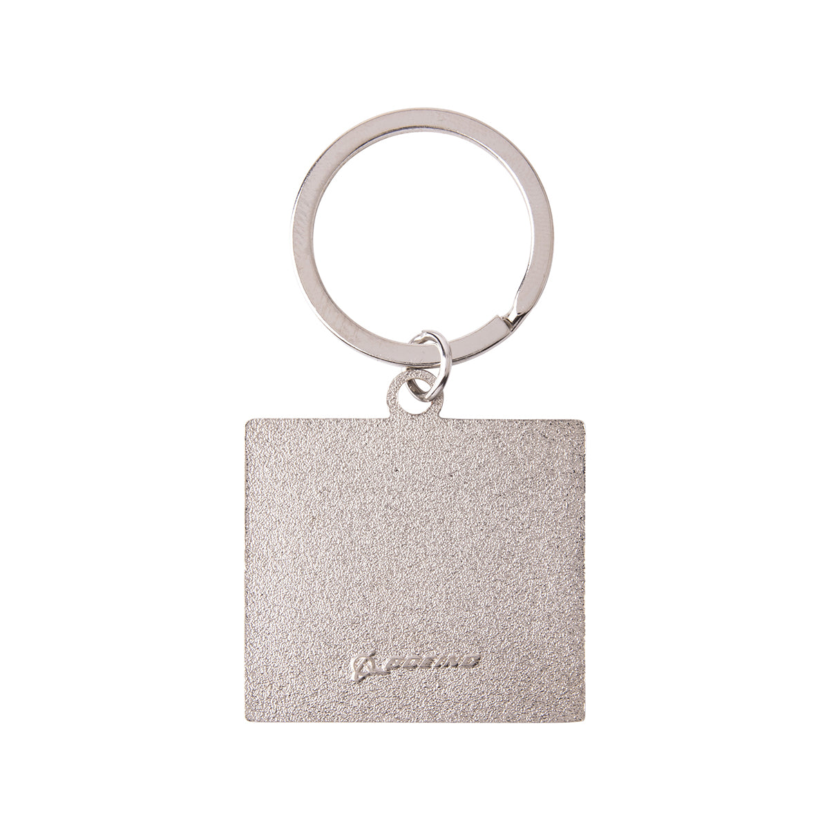 A square, silver-colored Boeing E-7 Wedgetail Graphic Keychain with a metal ring, showing a textured back with a small logo at the bottom.