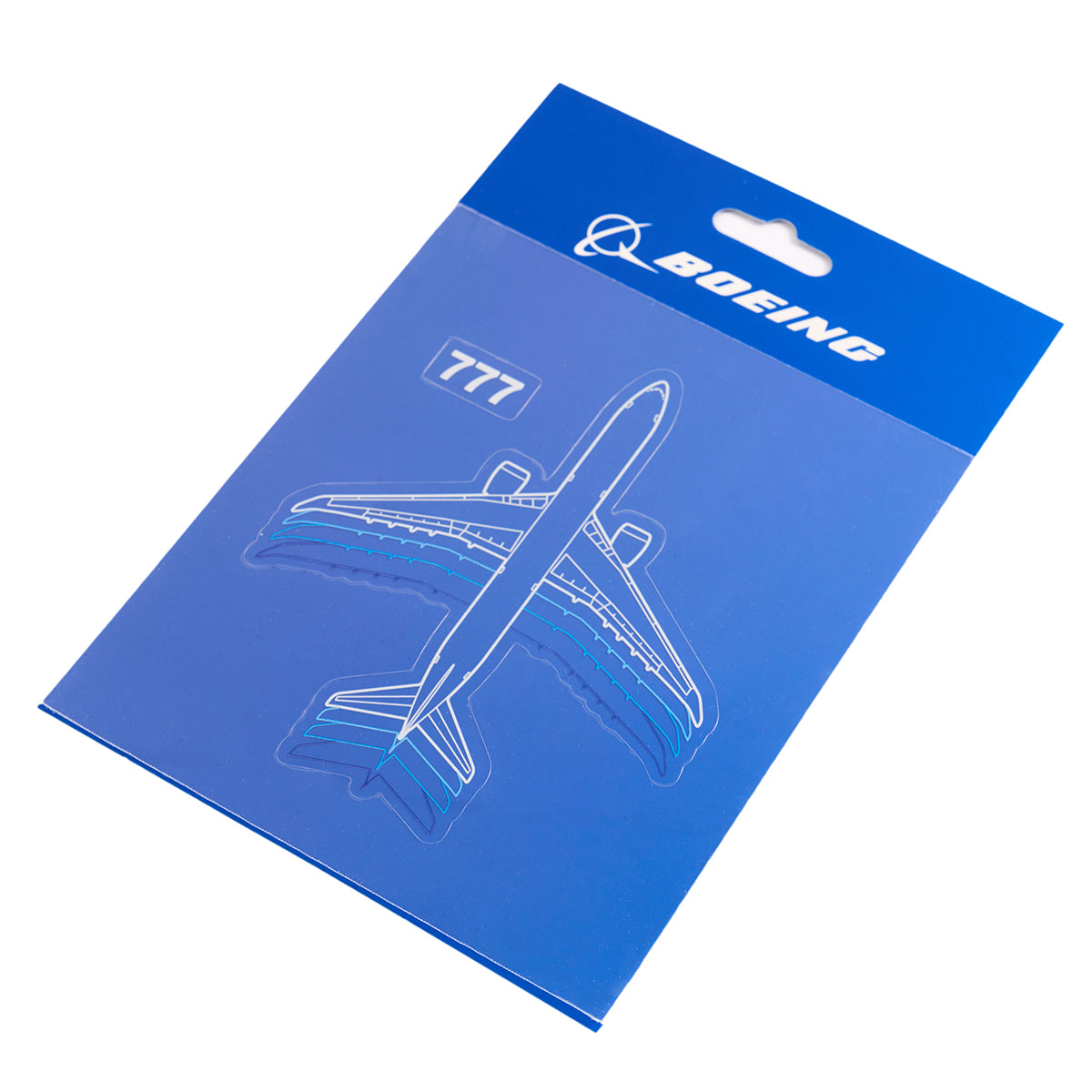 The Boeing Stores Boeing 777 Motion Sticker features an illustrated blue-and-white design with the Boeing logo on top and a hang tab for display. It includes a waterproof vinyl sticker pack, perfect for customizing Motion Water Bottles.