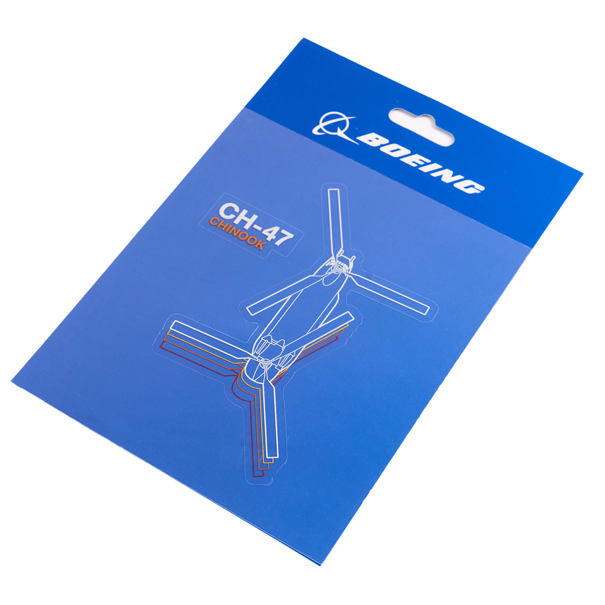 The Boeing CH-47 Chinook Motion Sticker by The Boeing Store comes in blue packaging, showcasing a line drawing with colored outlines and a top view of the rotor blades. Additionally, it includes an exclusive sticker pack.