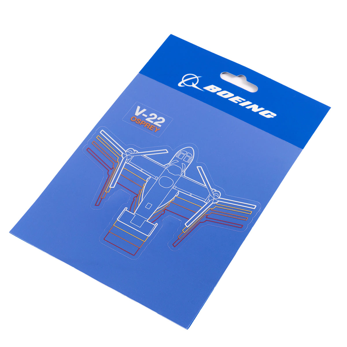 The Boeing V-22 Osprey Motion Sticker from The Boeing Store comes in blue packaging with a vibrant outline drawing of the aircraft. Crafted from waterproof vinyl, these stickers offer both durability and style for any surface.