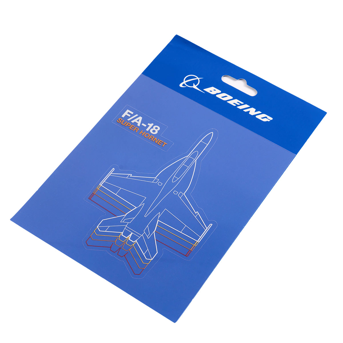 The Boeing F/A-18 Super Hornet Motion Sticker by The Boeing Store comes in blue packaging featuring a top-view diagram of the jet, outlined with colored lines. This special edition includes waterproof vinyl ideal for customizing your Motion Water Bottles.