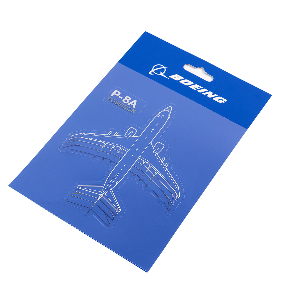 The Boeing P-8A Poseidon Motion Sticker, by The Boeing Store, features blue packaging with a white outline of the aircraft and elegantly displays the Boeing logo at the top. A slight angle reveals the front side, complemented by an exclusive sticker pack to complete the set.