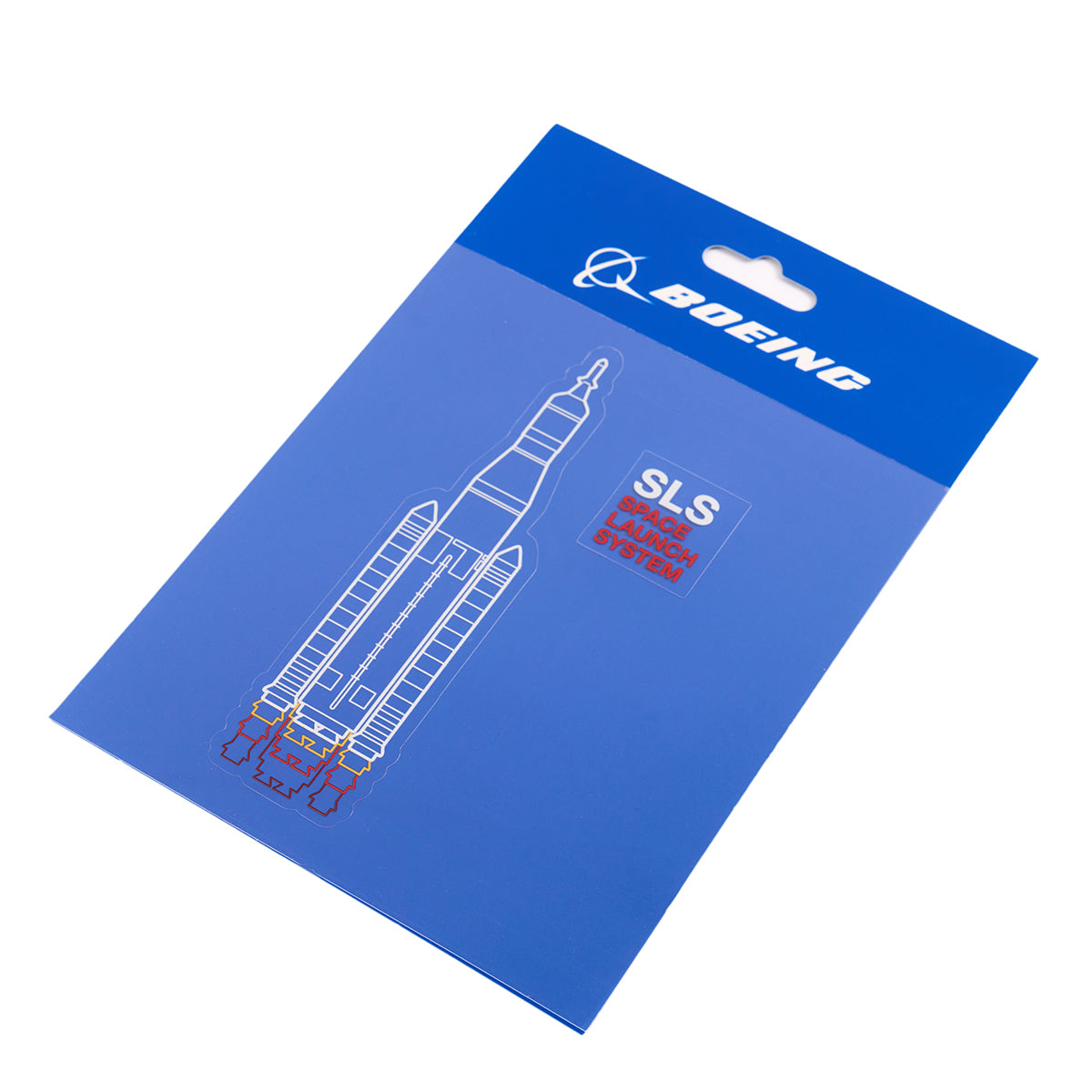 A blue folder displays a white schematic of a rocket with Boeing and the logo on top. SLS Space Launch System is in bold red text beside the rocket. The design resembles the Boeing Space Launch System Motion Sticker, crafted from waterproof vinyl by The Boeing Store.