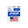 The Boeing America 250 Vinyl Die-Cut Sticker Set by BOEING includes durable, waterproof outdoor stickers featuring the Boeing logo, "250 Boeing Backs America" in blue and white, and an American flag on a white backing card.