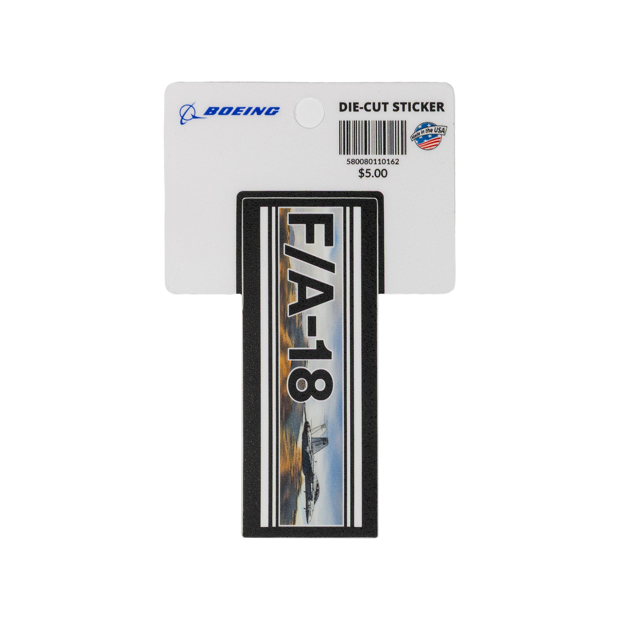 The Boeing F/A-18 Super Hornet Graphic Vinyl Sticker features a fighter jet image on a white backing card with the BOEING logo and a $5.00 price tag—an ideal collectible for aviation fans and Boeing enthusiasts.