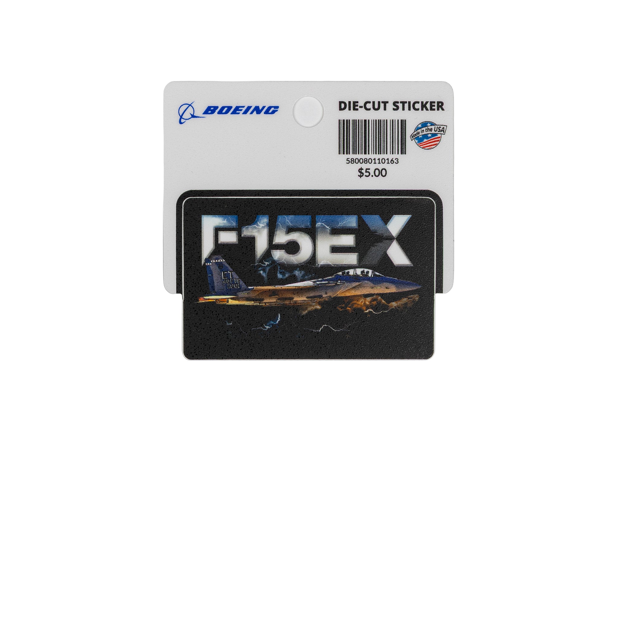 The Boeing F-15EX Eagle II Graphic Vinyl Sticker by BOEING features the fighter jet in flight and bold text, perfect for aviation fans. Die-cut, mounted on a white Boeing display card, and available for $5.00.