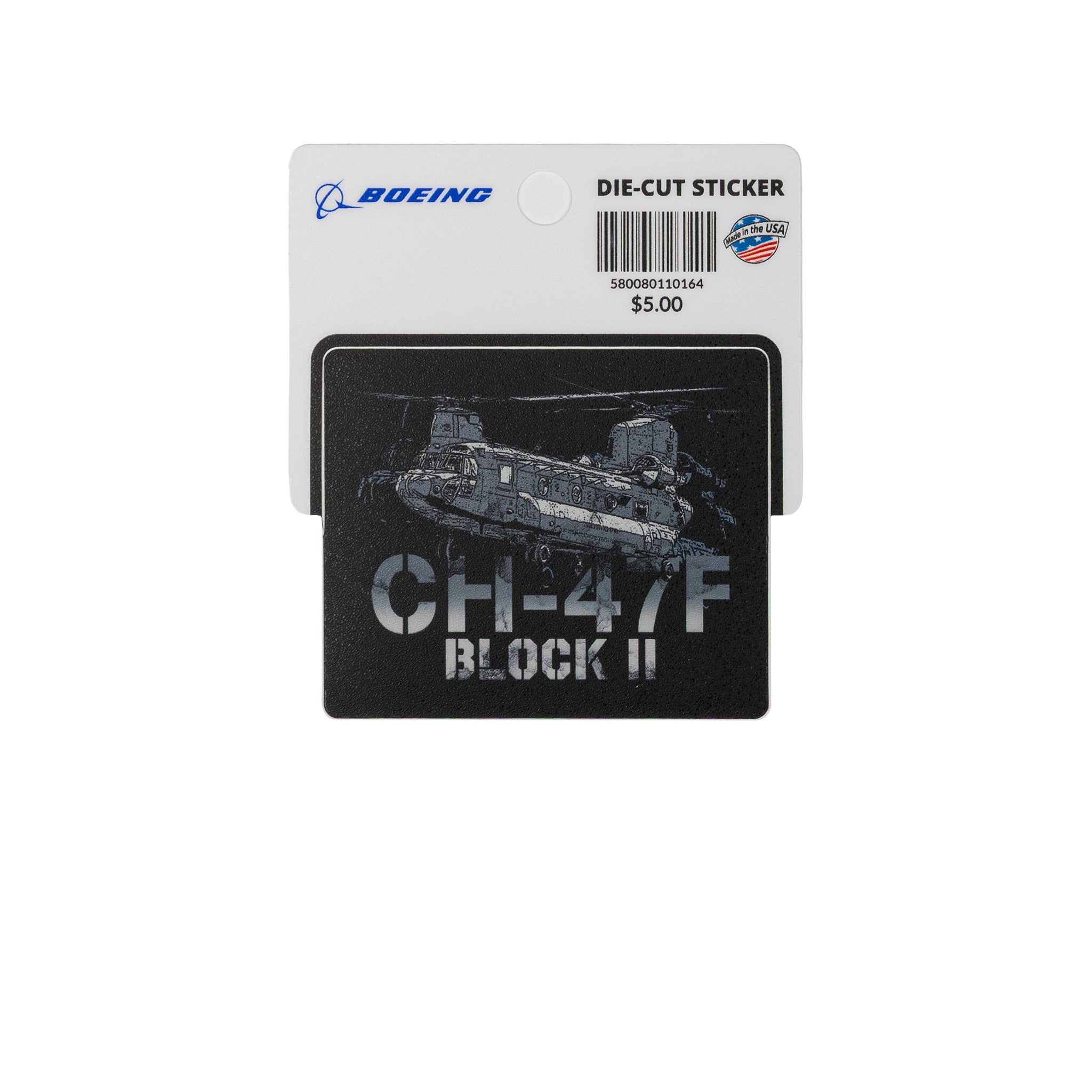The Boeing CH-47F Block II Graphic Vinyl Sticker features a die-cut Chinook illustration above “CH-47F BLOCK II.” Priced at $5.00, it comes in BOEING-branded packaging—ideal for aviation enthusiasts and Boeing fans.