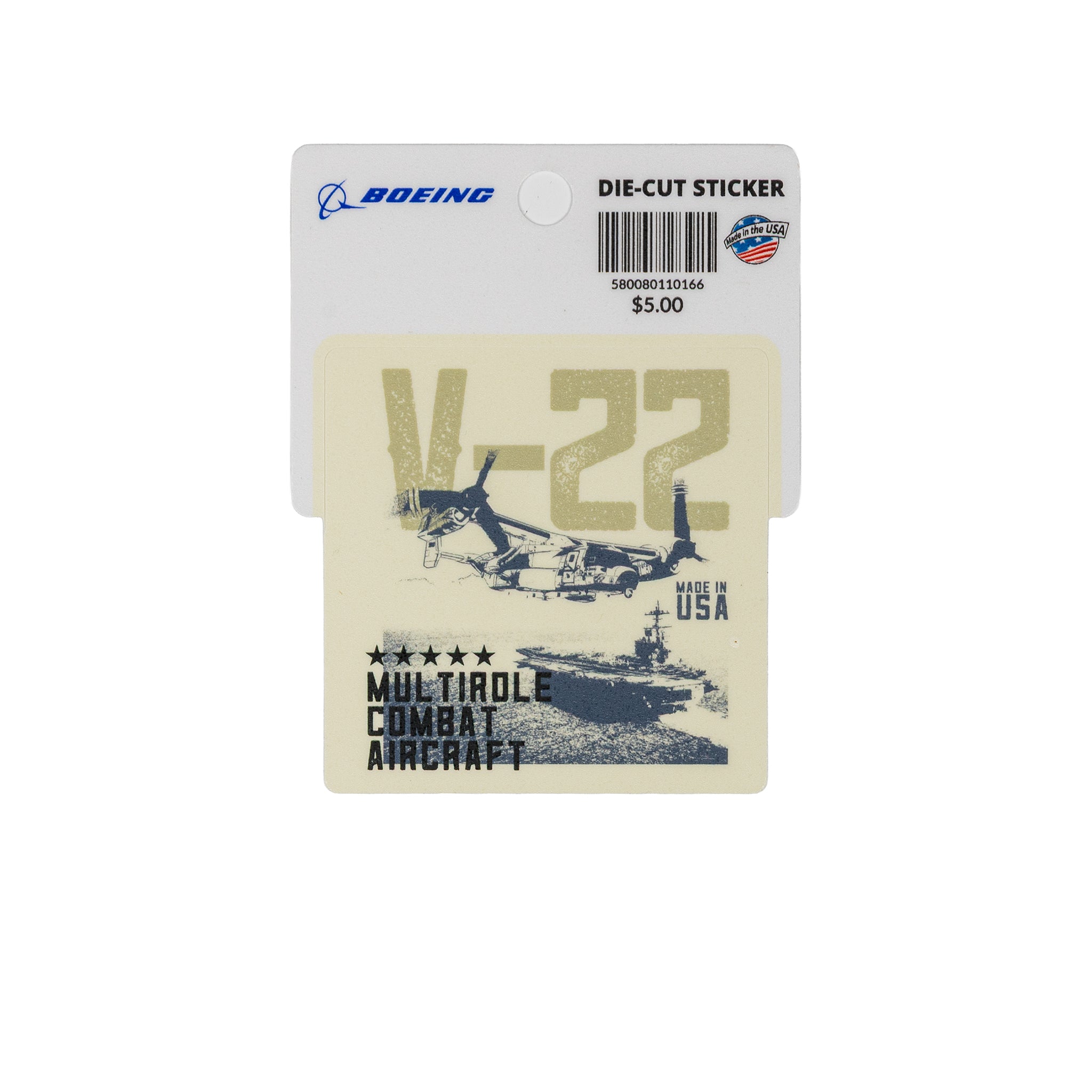 The Boeing V-22 Osprey Graphic Vinyl Sticker features a die-cut aviation design with “MULTIROLE COMBAT AIRCRAFT,” stars, and “MADE IN USA.” Packaged in branded BOEING packaging, it is priced at $5.00.