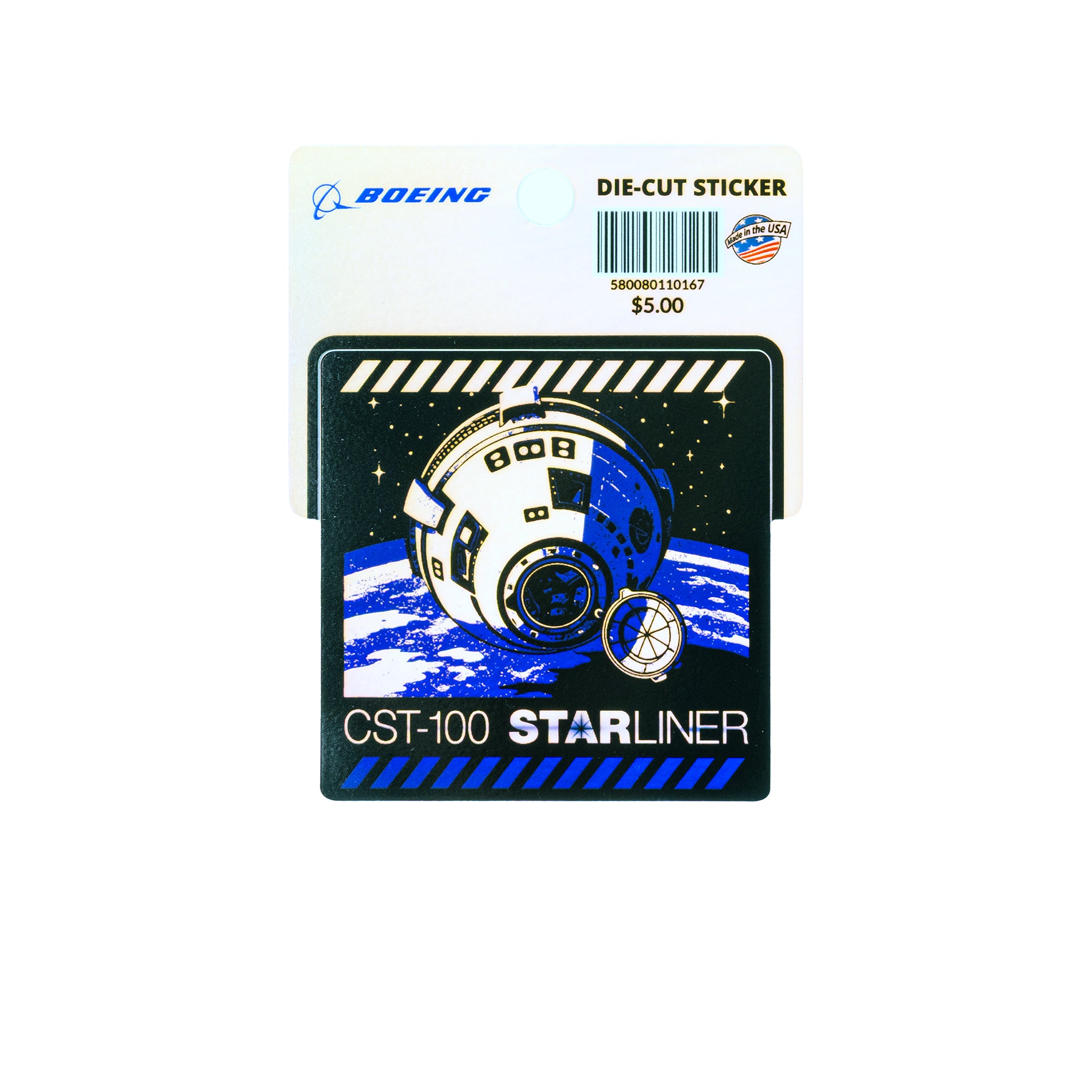 The Boeing CST-100 Starliner Graphic Vinyl Sticker by BOEING features the spacecraft above Earth with a globe icon—ideal for human spaceflight fans. Priced at $5.00, it comes on a branded card.