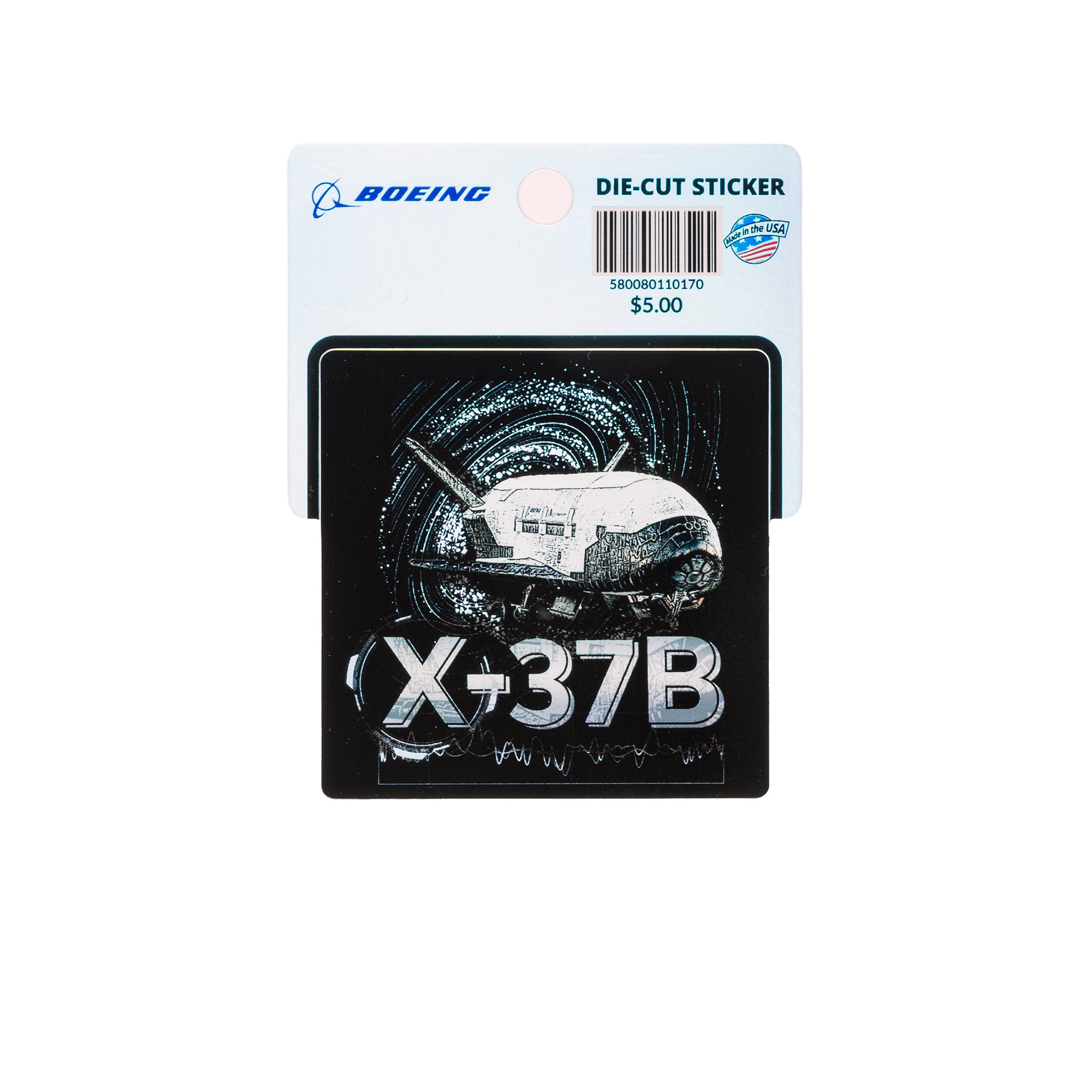 The Boeing X-37B Orbital Test Vehicle Graphic Vinyl Sticker features the spaceplane against a starry backdrop on branded BOEING packaging. Priced at $5.00, it's an ideal collectible decal for spaceflight fans.
