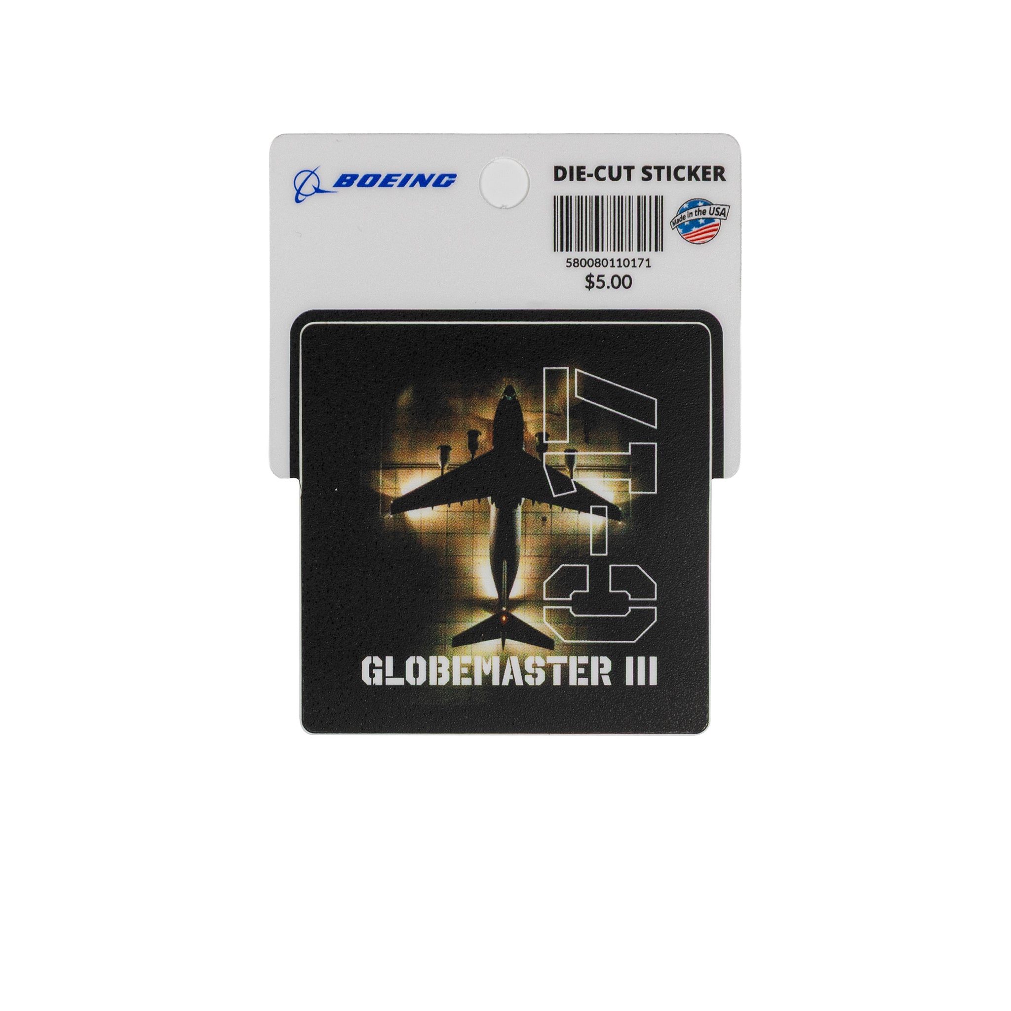 The Boeing C-17 Globemaster III Graphic Vinyl Sticker features a die-cut silhouette with bold C-17 text and GLOBEMASTER III, on a BOEING-branded backing card. Price: $5.00.