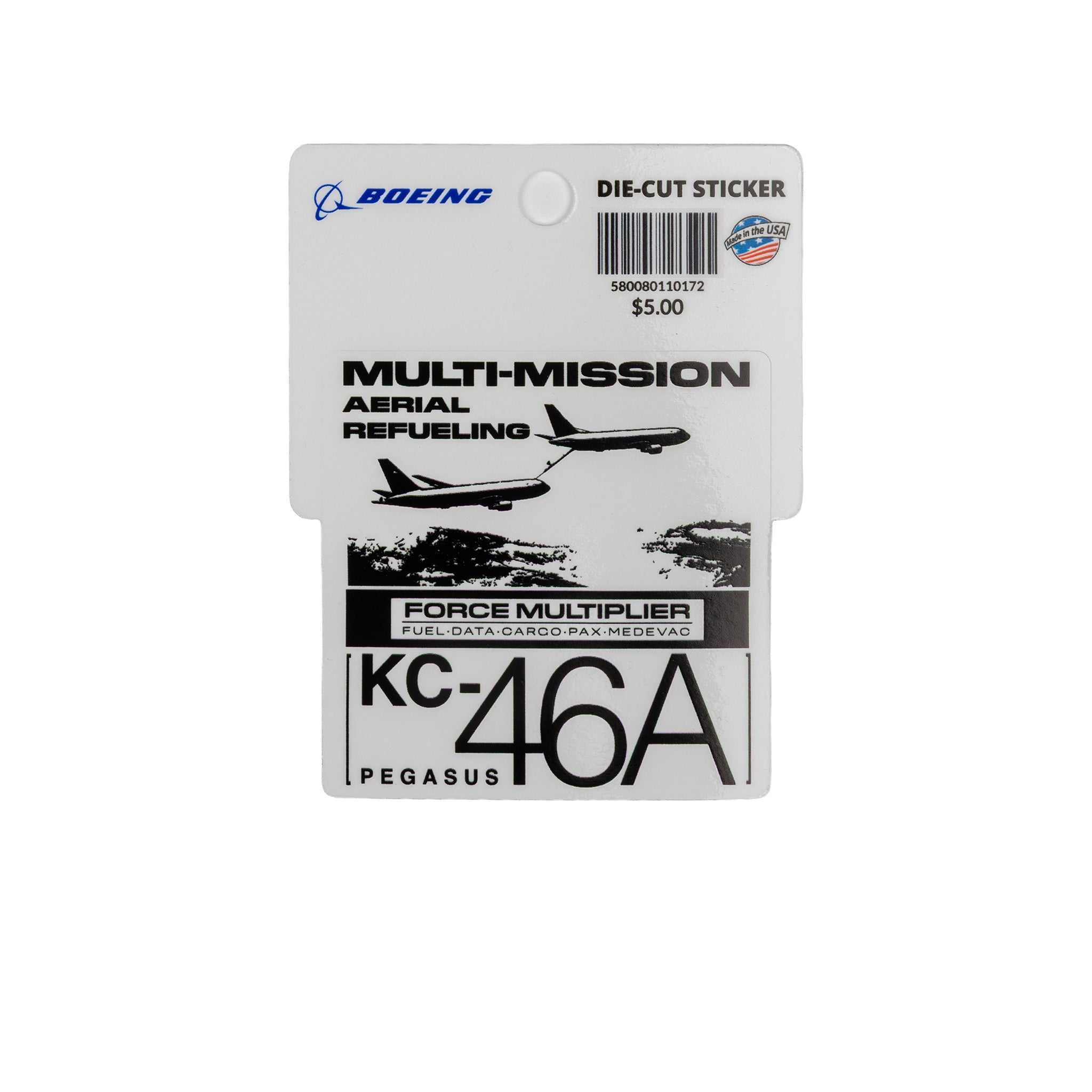 The Boeing KC-46A Pegasus Graphic Vinyl Sticker by BOEING features two aircraft, “MULTI-MISSION AERIAL REFUELING,” and “FORCE MULTIPLIER” labels—ideal for aviation fans. Price: $5.00.