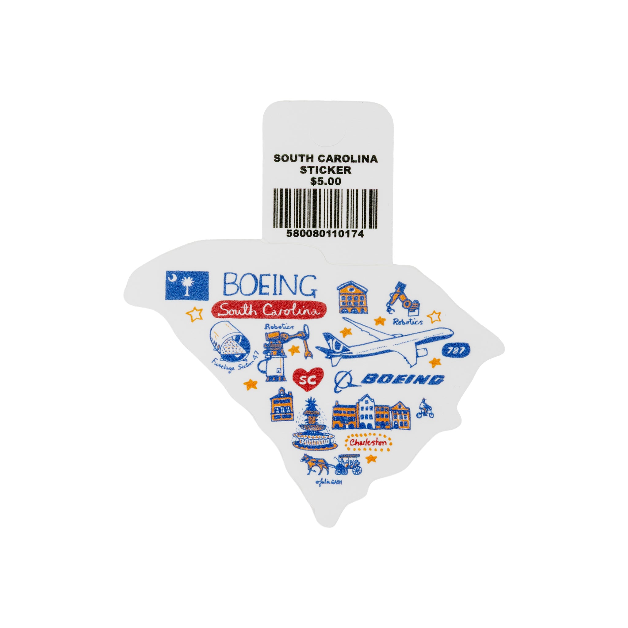 The Boeing South Carolina Destination Sticker, by Boeing, is shaped like the state and showcases a delightful Julia Gash illustration featuring an airplane, Boeing imagery, iconic buildings, and vibrant symbols honoring South Carolina’s aerospace legacy. The sticker is priced at $5.00 and includes a barcode.