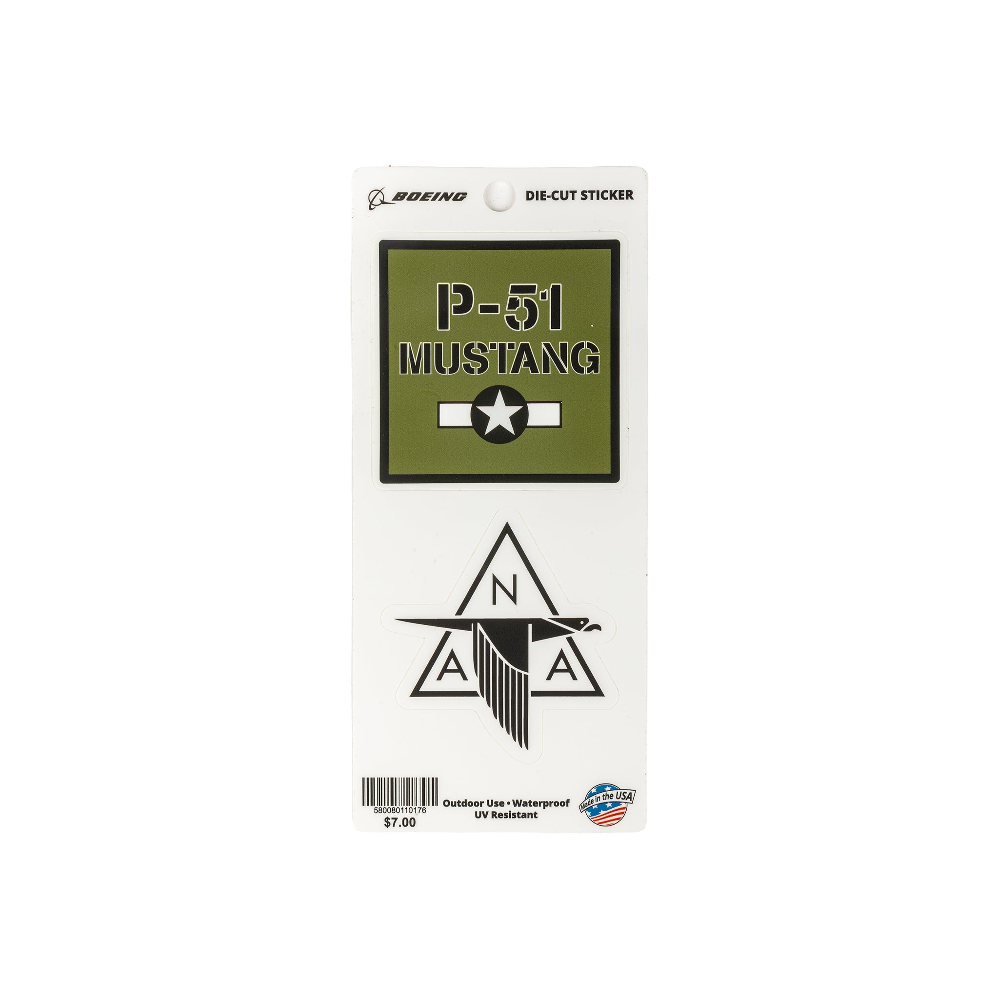 Experience the spirit of American aviation with the Boeing P-51 Mustang Matte Sticker Set by BOEING. This die-cut sticker pack showcases a green P-51 Mustang logo and a black-and-white North American Aviation emblem. The packaging emphasizes the stickers’ waterproof and UV-resistant qualities, all available for just $7.00.