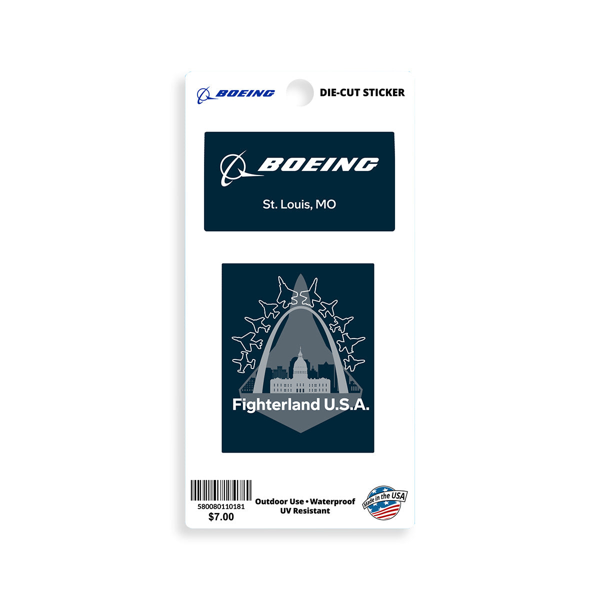 The Boeing St. Louis Fighterland Sticker Set by BOEING includes die-cut stickers featuring “Boeing St. Louis, MO” text and an additional design with fighter jets, the Gateway Arch, and “Fighterland U.S.A.” text. These stickers are waterproof, UV resistant, and suitable for outdoor use.