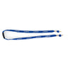 The Boeing Blue Safety Glass Strap by BOEING features a blue lanyard with repeated white Boeing logos, breakaway safety feature, black clasp, and metal clips at both ends—ideal for securely holding safety glasses.