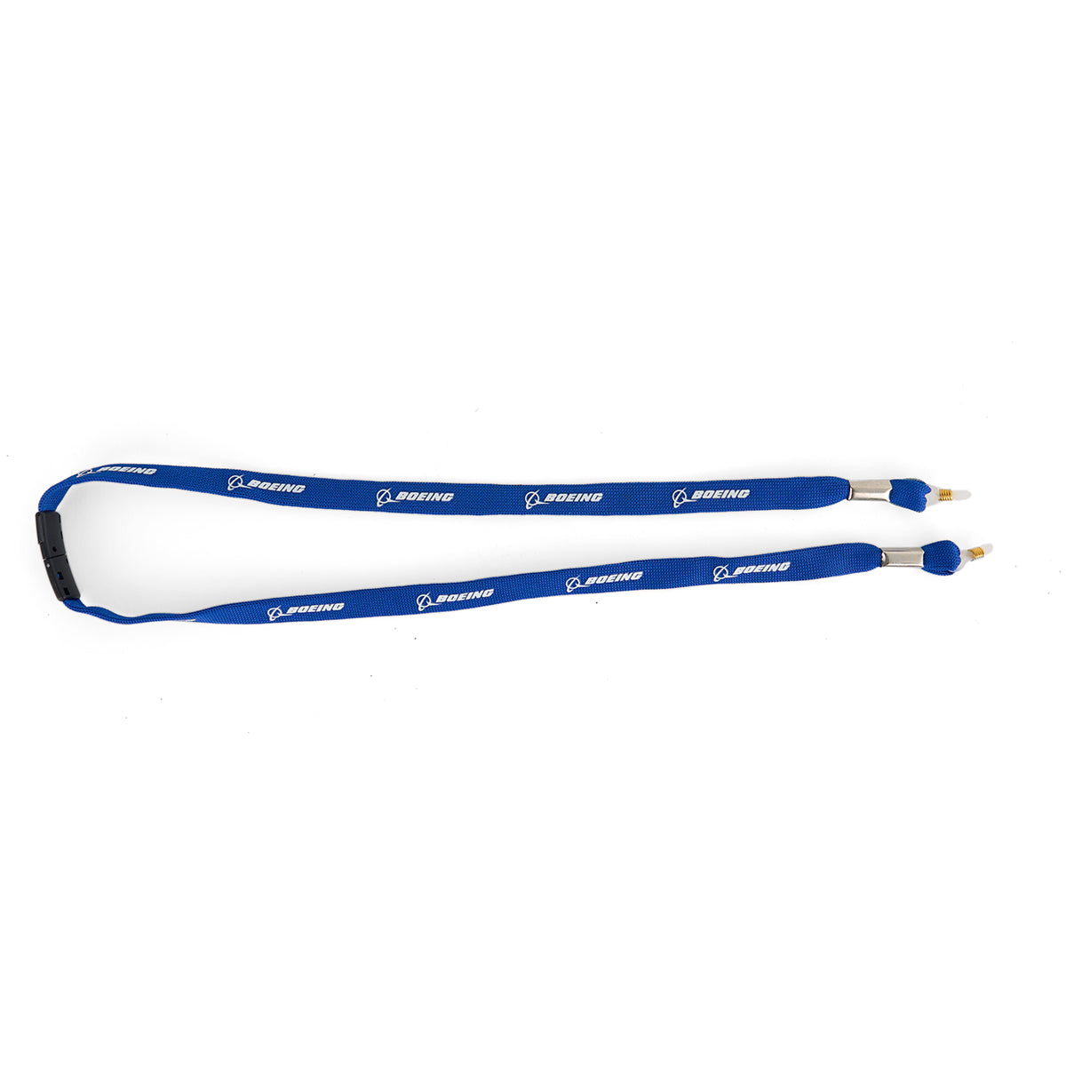 The Boeing Blue Safety Glass Strap by BOEING features a blue lanyard with repeated white Boeing logos, breakaway safety feature, black clasp, and metal clips at both ends—ideal for securely holding safety glasses.