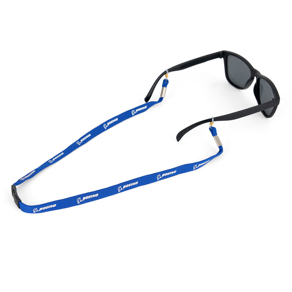 BOEING Black safety glasses with a blue Boeing Blue Safety Glass Strap and white Boeing logo and text, shown on a white background. The strap includes a breakaway safety feature for added security and convenience.